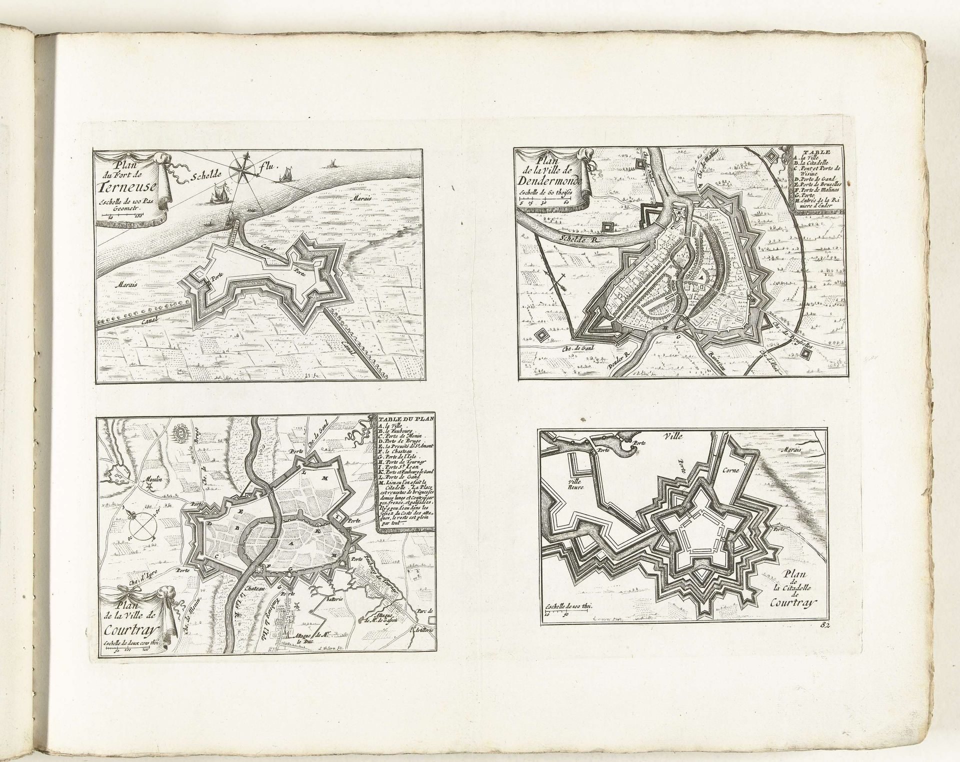 Plattegronden van Terneuzen, Dendermonde, Kortrijk en de citadel van Kortrijk, ca. 1702 by Laurens Scherm