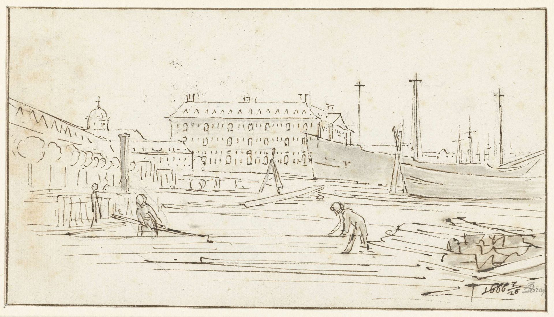 Gezicht op scheepswerf te Amsterdam by Jan de Bray