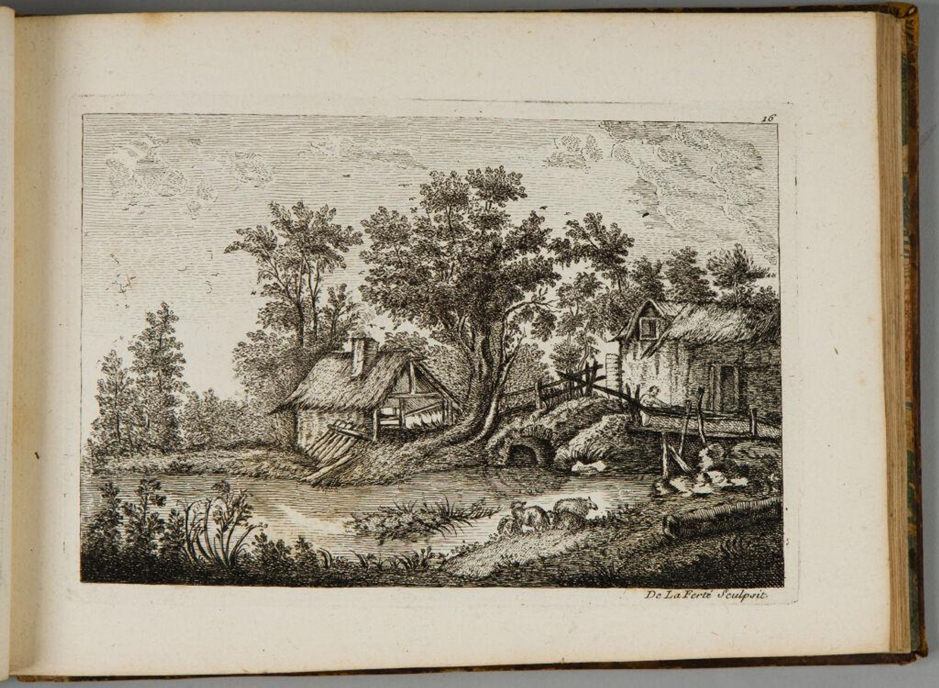 Riverview with Farmhouse and Tree in Background and Foreground Sheep by Denis-Pierre-Jean Papillon de la FertÃ©