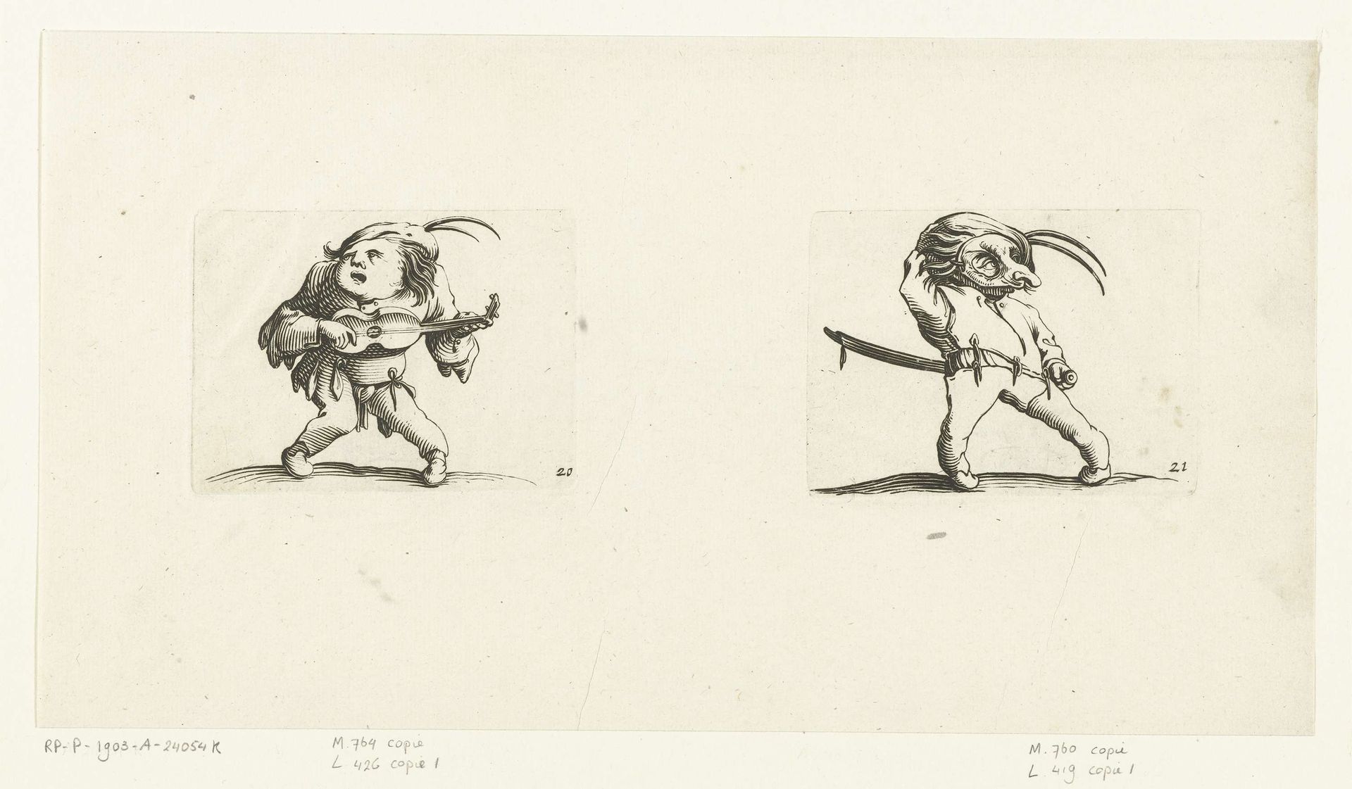 Dwerg met gitaar; Dwerg met zwaard en masker by Abraham Bosse