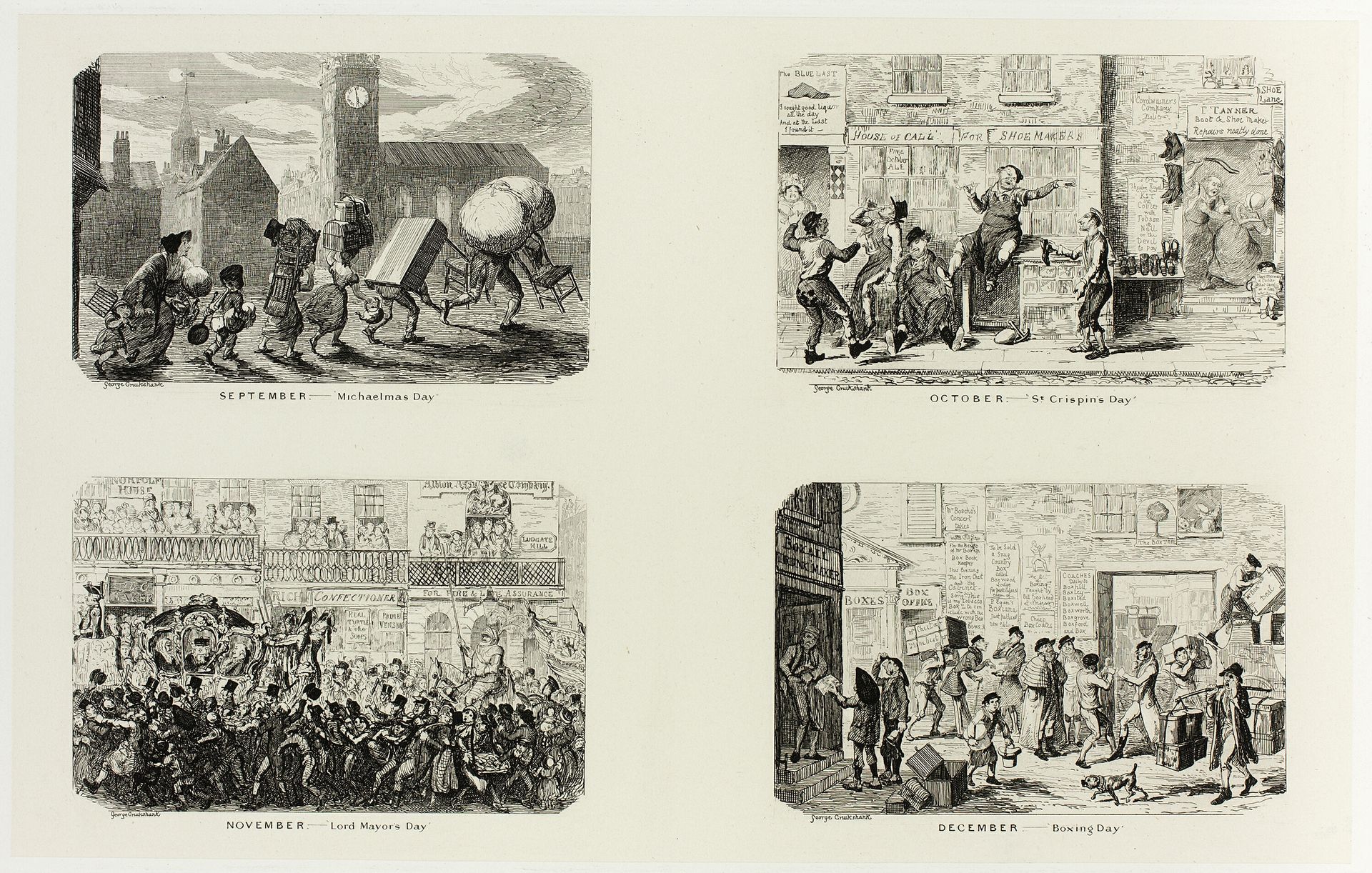 September – "Michaelmas Day" from George Cruikshank's Steel Etchings to The Comic Almanacks: 1835-1853 (top left) by George Cruikshank