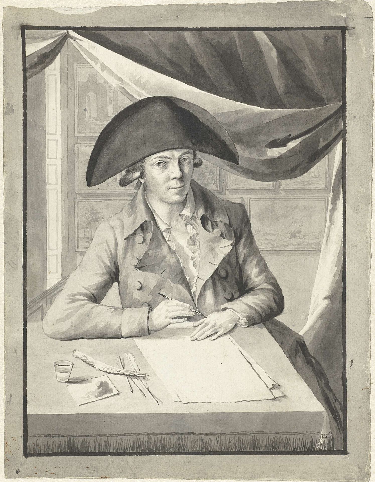 Zelfportret van Hendrik Kuipers, zittend achter een tafel, tekenend by Hendrik Kuipers