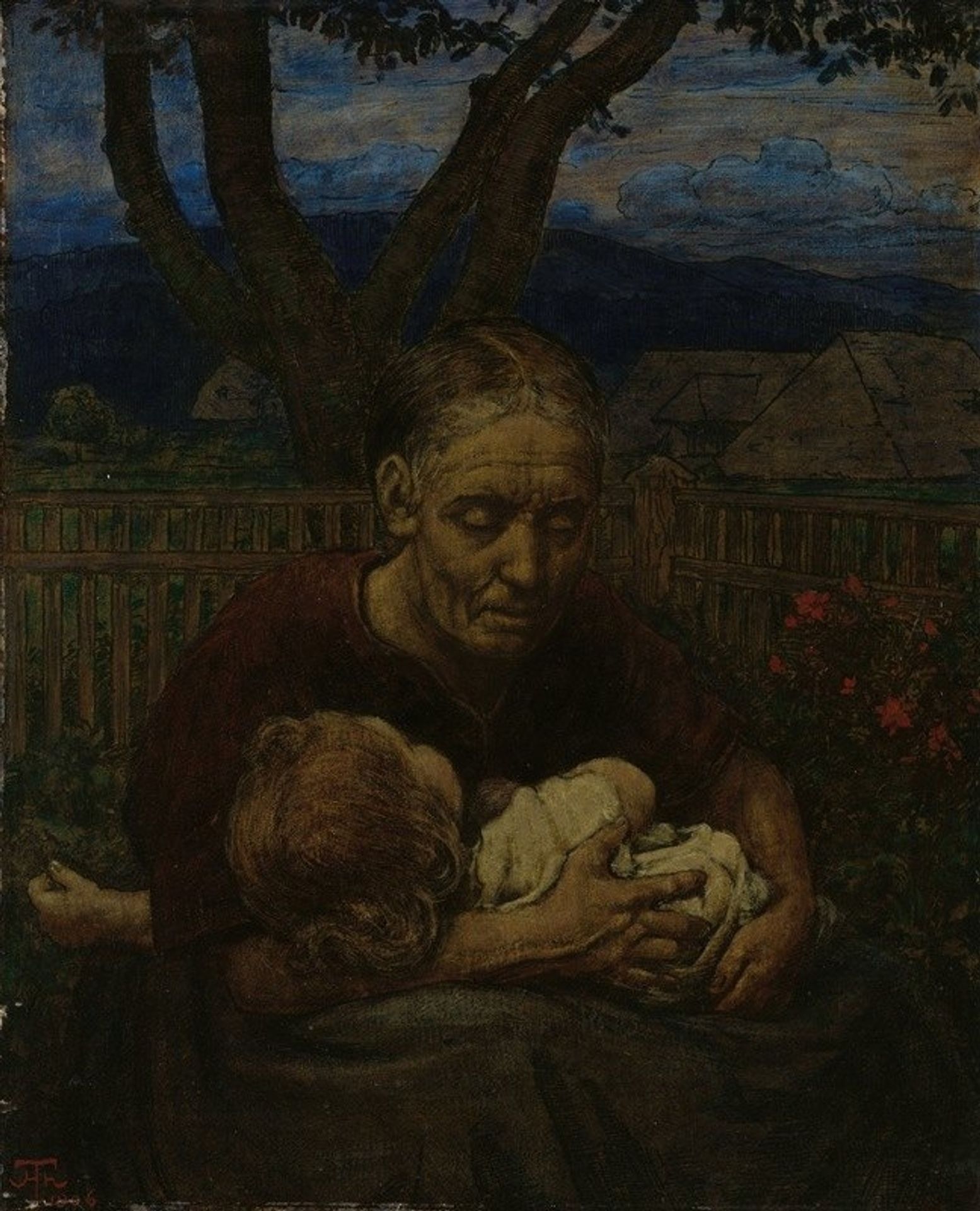 Mother and Child in a garden by Hans Thoma