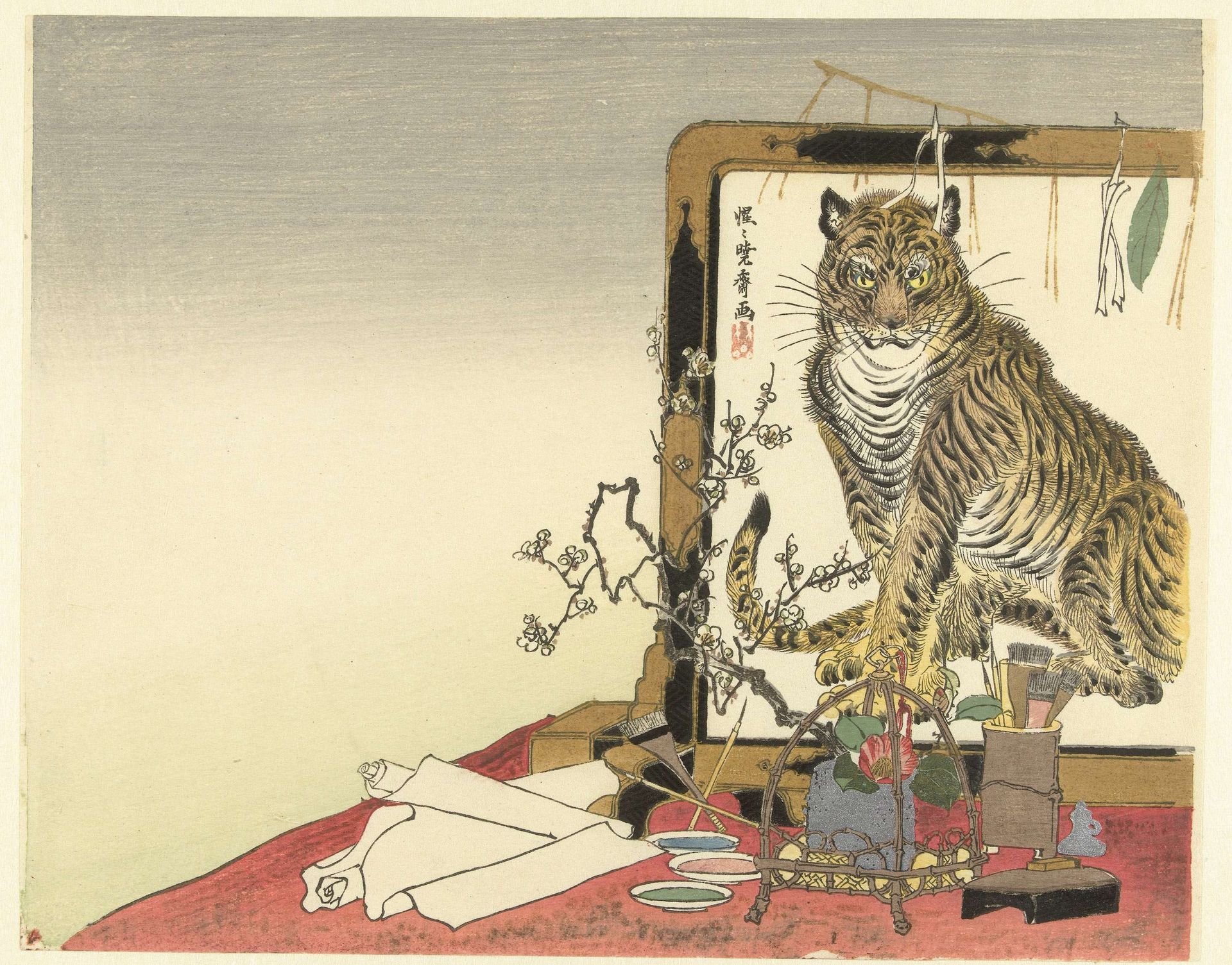 Stilleven met schildersgerei en kamerscherm by Kawanabe Kyōsai 河鍋暁斎