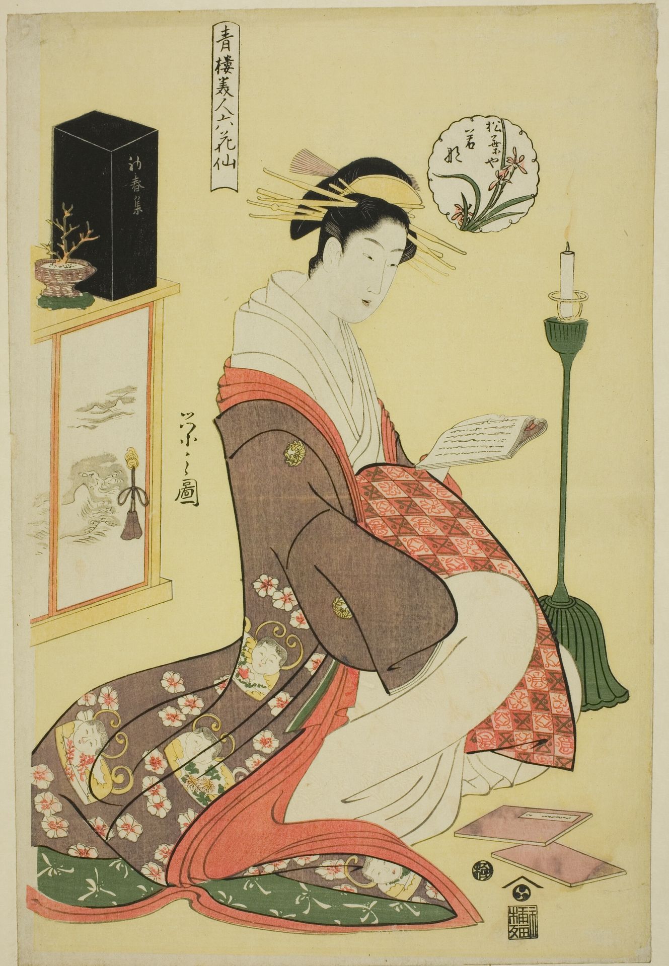 Wakana of the Matsubaya, from the series "Beauties of the Pleasure Quarters as the Six Floral Immortals (Seiro bijin rokkasen)" by Chōbunsai Eishi 鳥文斎栄之