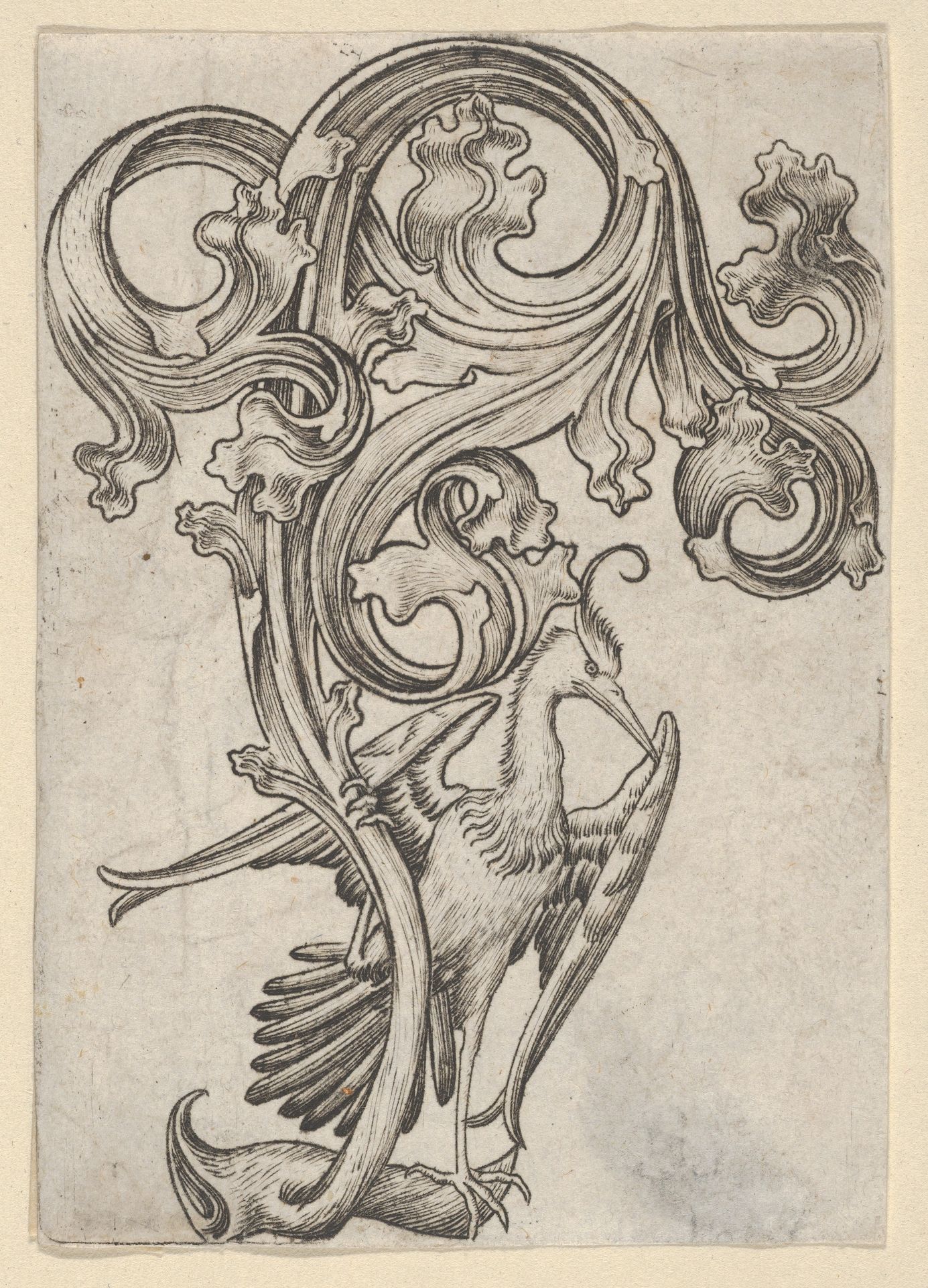 Leaf-ornament with a Heron by Master ES