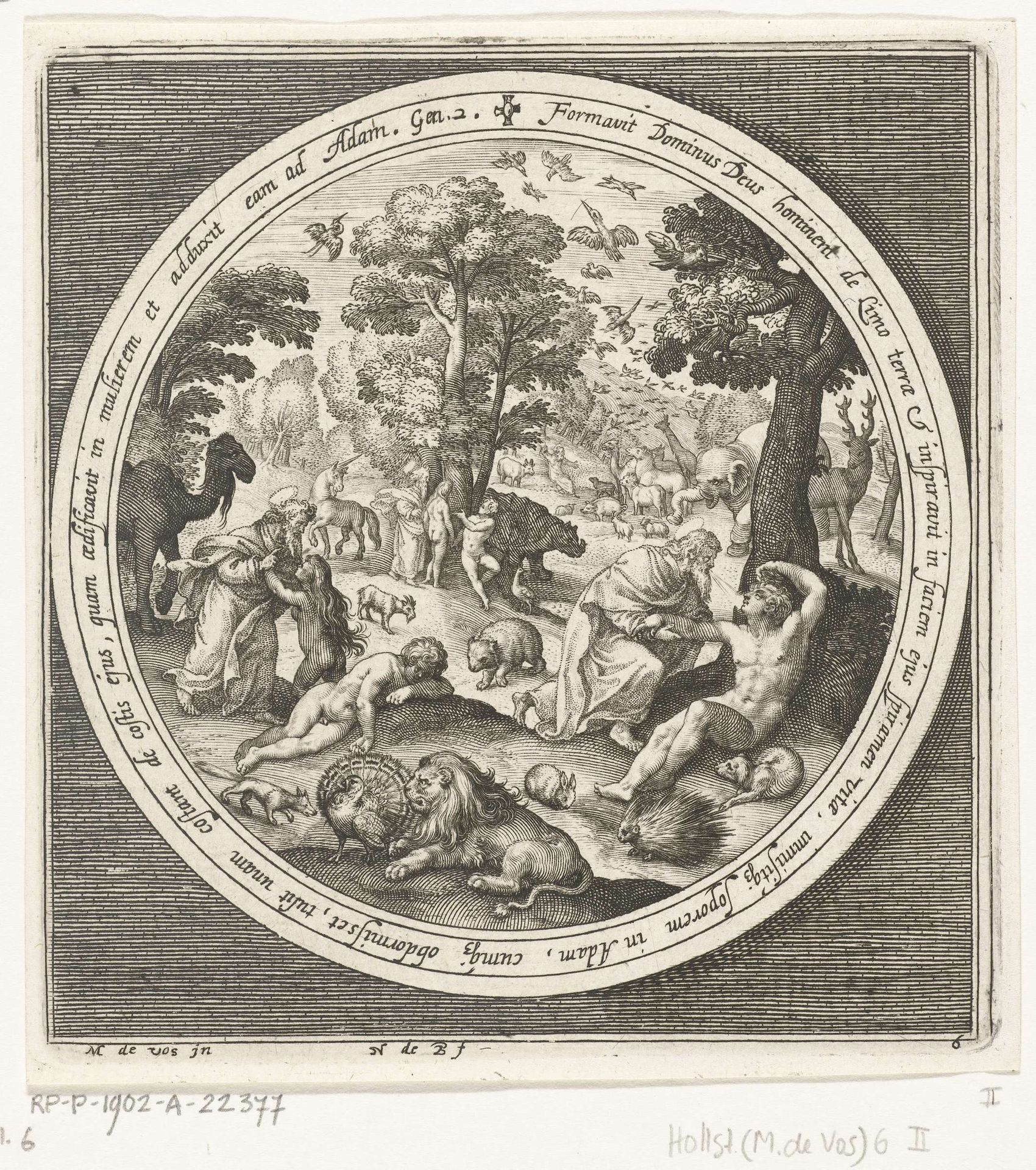 Zesde dag van schepping: God schept de dieren en Adam en Eva by Nicolaes de Bruyn