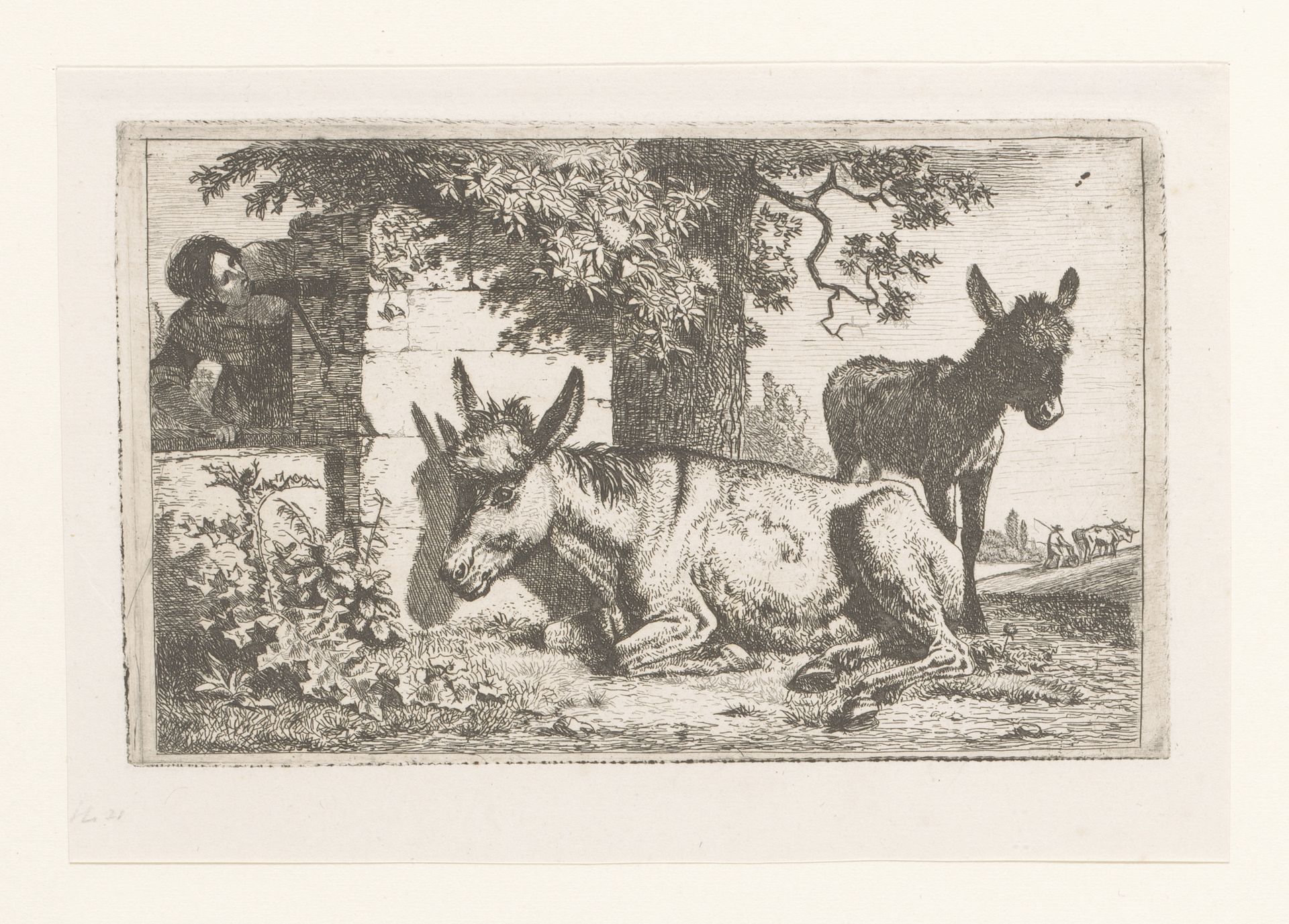 Twee ezels en een vrouw bij een waterpomp by Jean Louis Demarne