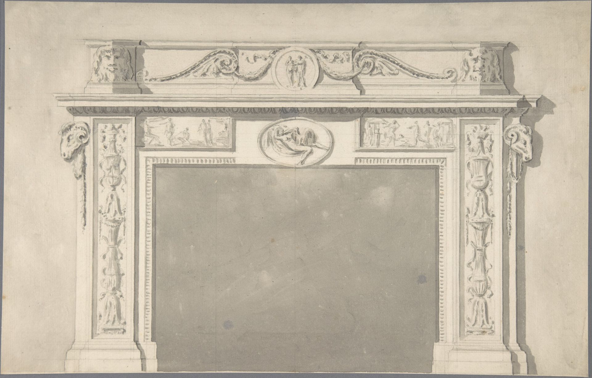 Design for a Classical Chimneypiece with Rams Heads, and Leda and the Swan. by Sir William Chambers