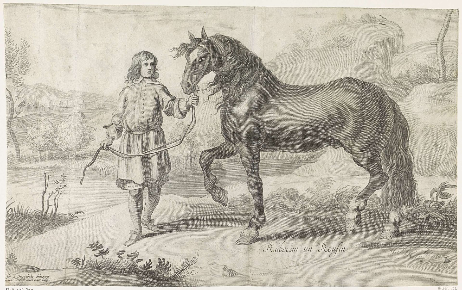 Paard en een staljongen in een rivierlandschap by Lucas (II) Vorsterman