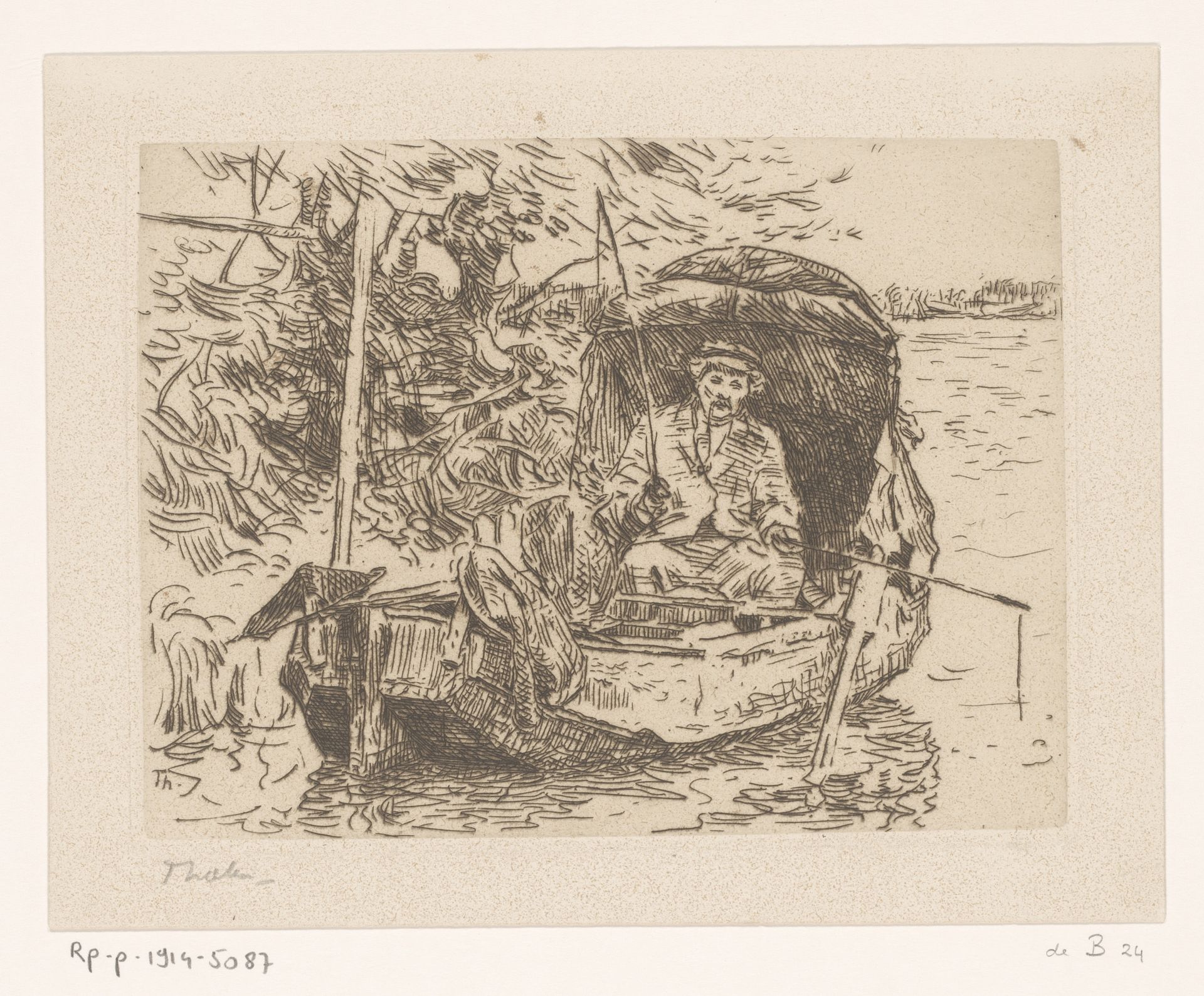 Visser onder een kap in een roeiboot by Willem Bastiaan Tholen