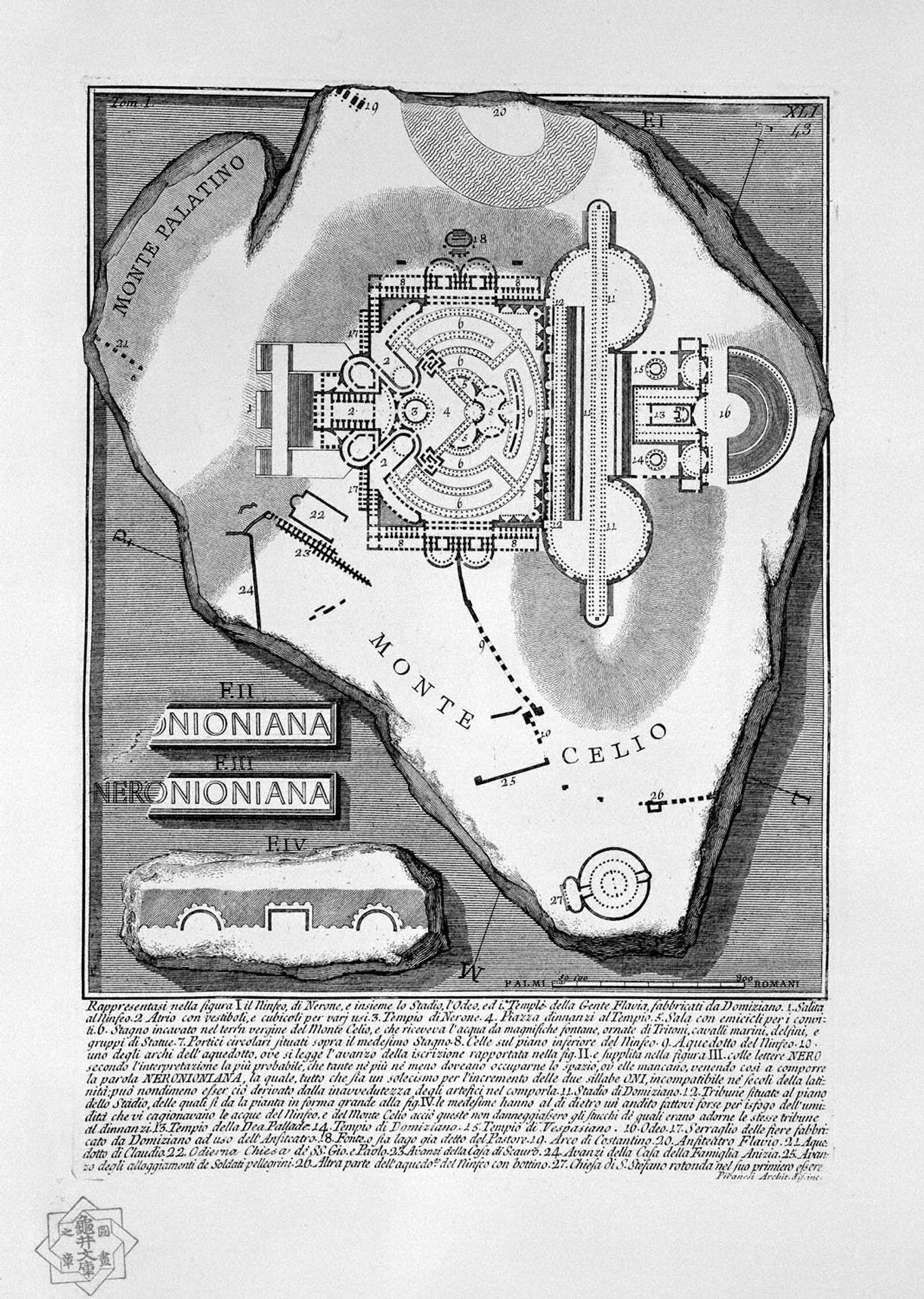 The Roman antiquities, t. 1, Plate XLI. The Nymphaeum of Nero, the Stadium, the `Odeo, and the Temples of the people Flavia, manufactured by Domitian by Giovanni Battista Piranesi