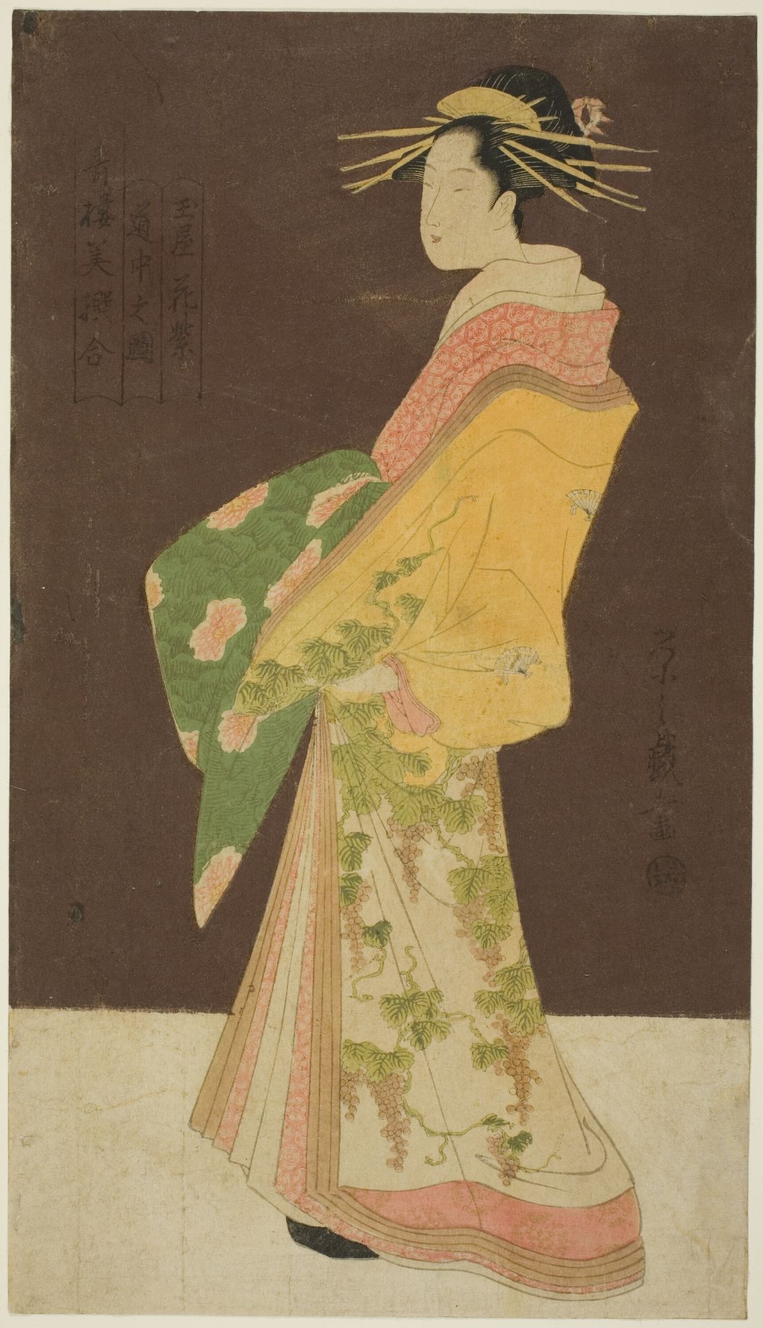 A Selection of Beauty from the Pleasure Quarters (Seiro bisen awase): Hanamurasaki of the Tamaya in Procession (Tamaya Hanamurasaki dochu no zu) by Chōbunsai Eishi 鳥文斎栄之
