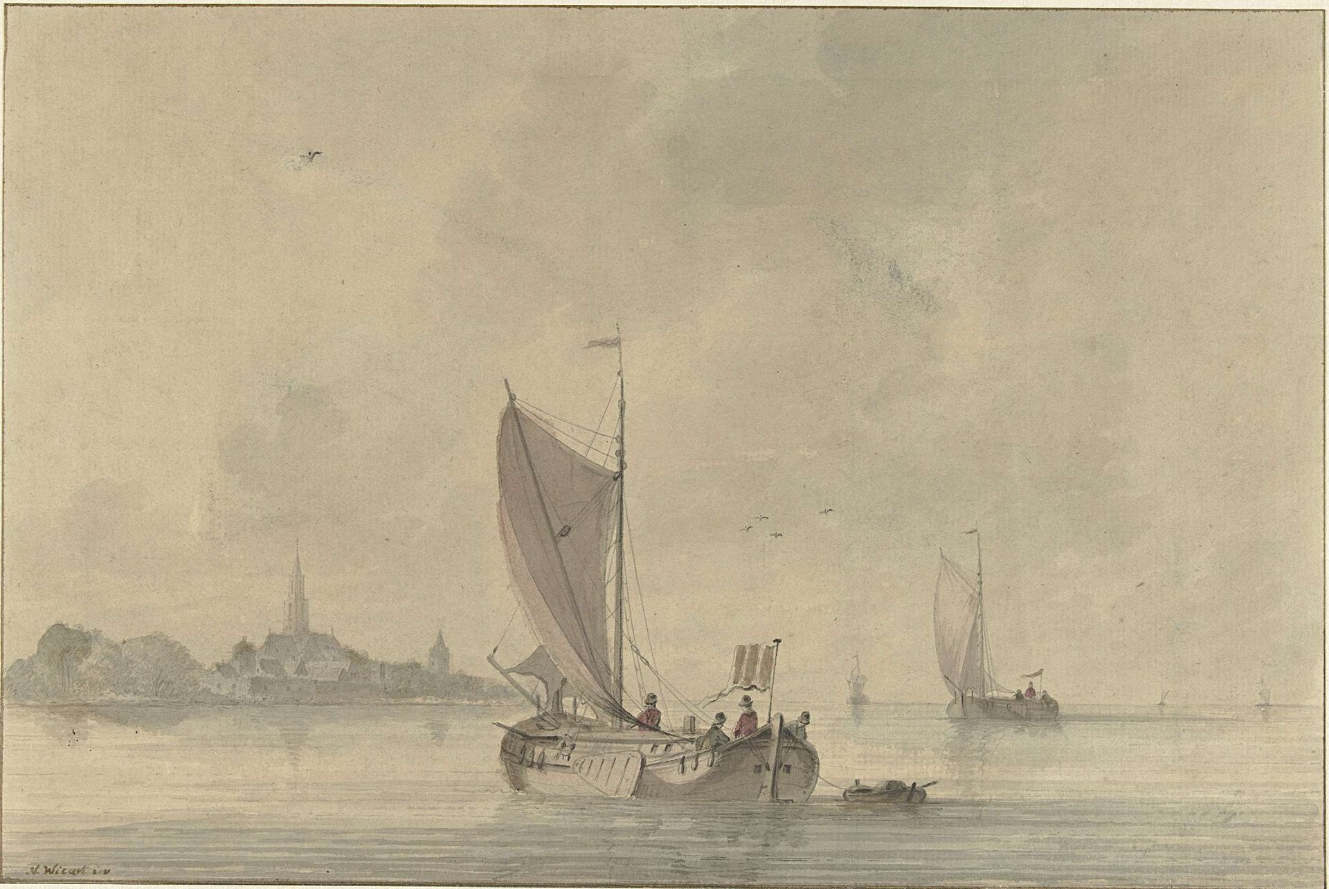 Zeilende schuiten op het water voor een Hollands stadje by Nicolaas Wicart