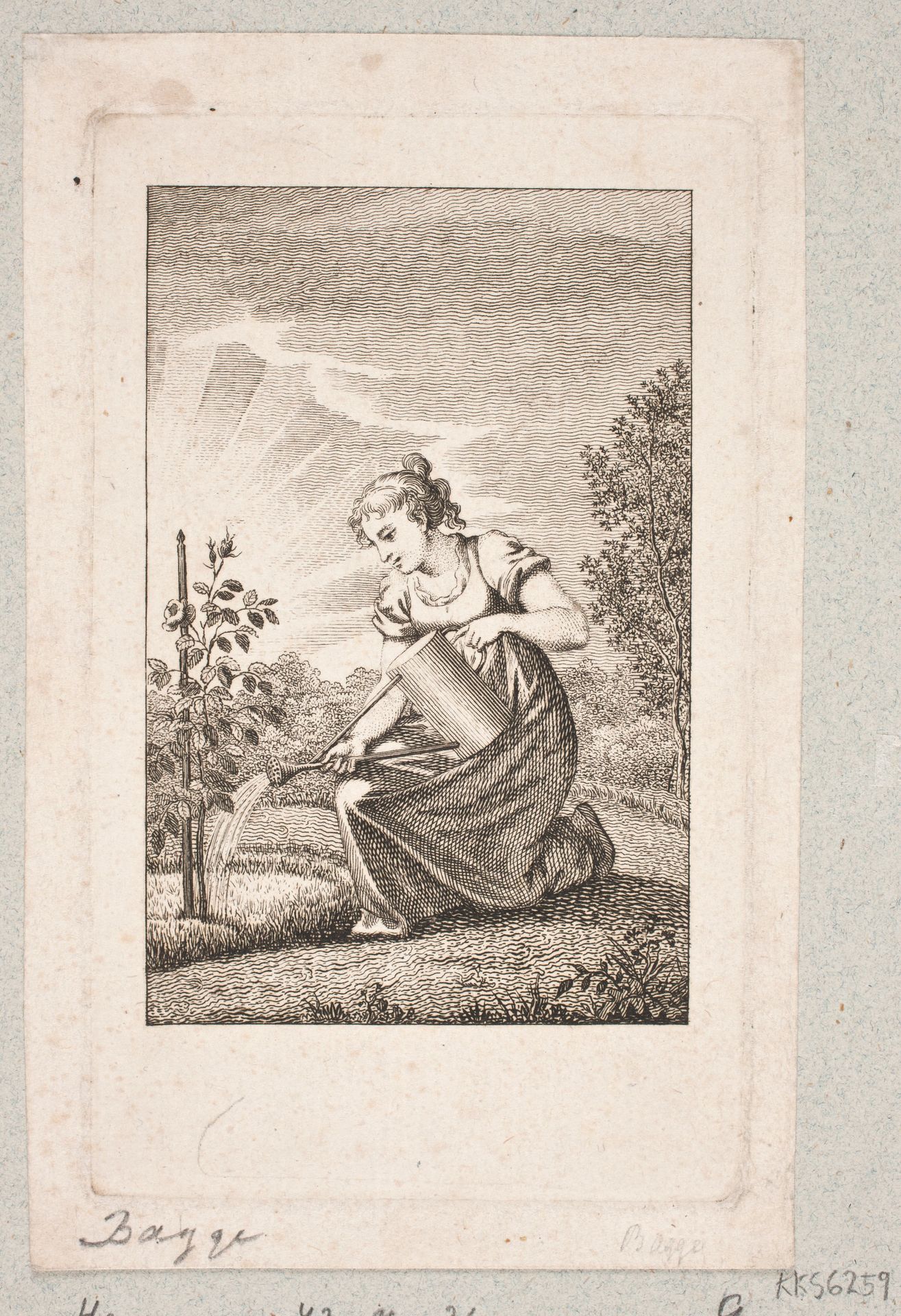 Ung pige vander et rosentræ by Oluf Olufsen Bagge