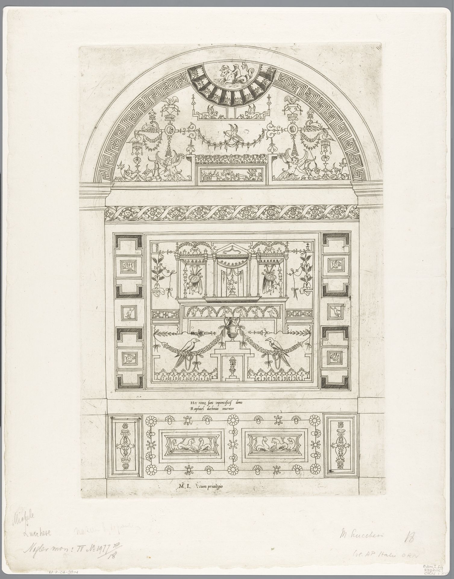 Groteske wanddecoratie met vogels, hippocampussen, wapens, arabesken en putti by Michele Greco