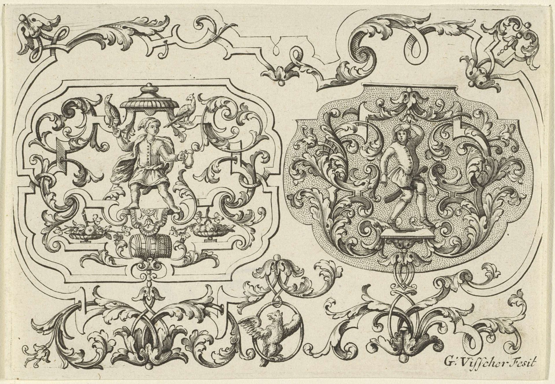 Man met glas en kan in de handen en dansende man in ornamentele omlijsting by Gerrit Visscher