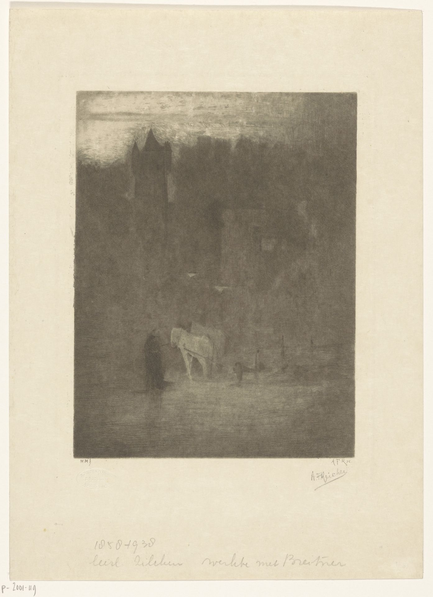 Figuur en twee paarden bij een kasteel in de mist by Albrecht Felix Reicher