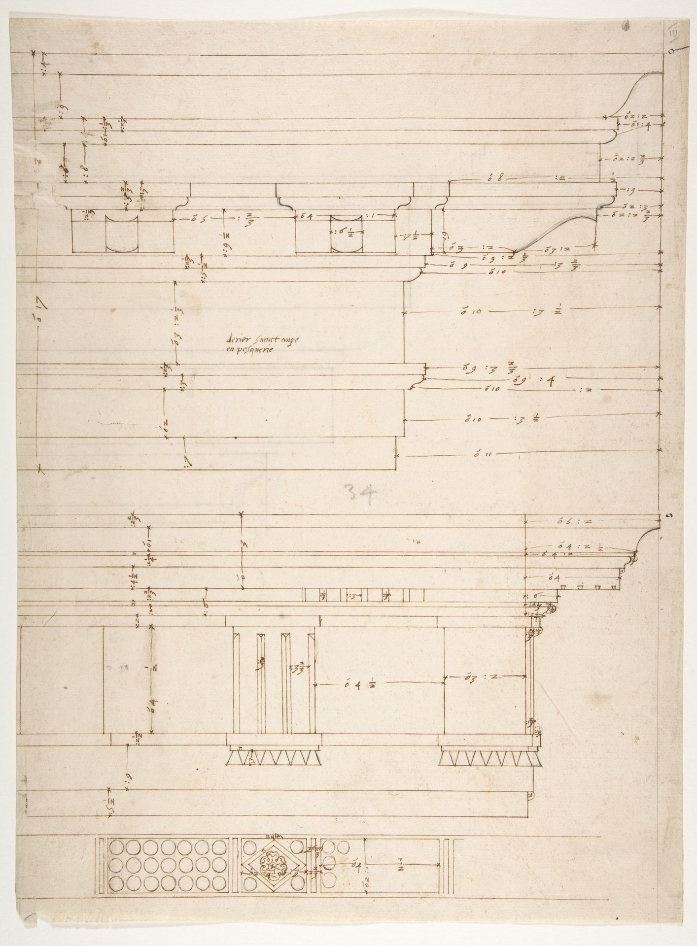 Unidentified, Doric cornice, elevation; Theater of Marcellus, Doric cornice, elevation (recto) Unidentified, cornice, elevation (verso) by Anonymous