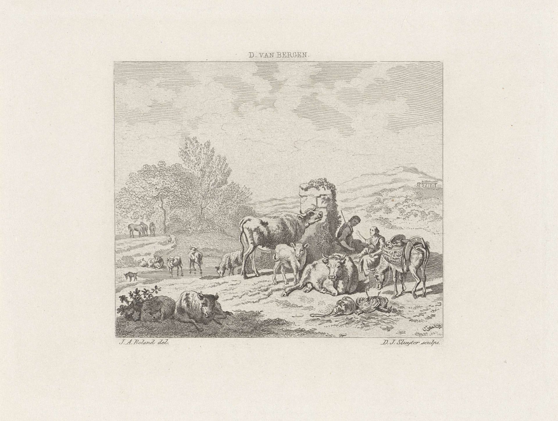 Landschap met twee herderinnetjes met vee by Dirk Jurriaan Sluyter