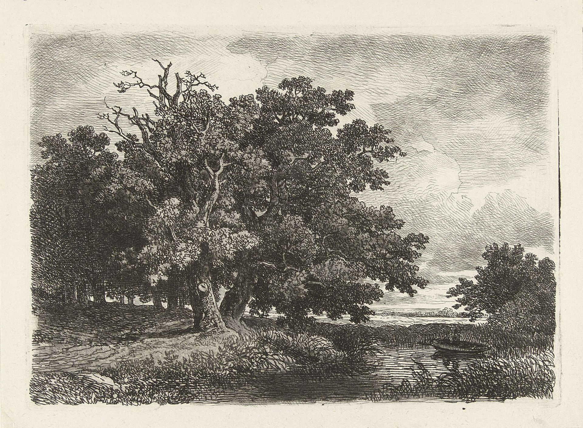 Bomen aan een plas met een bootje by Remigius Adrianus Haanen