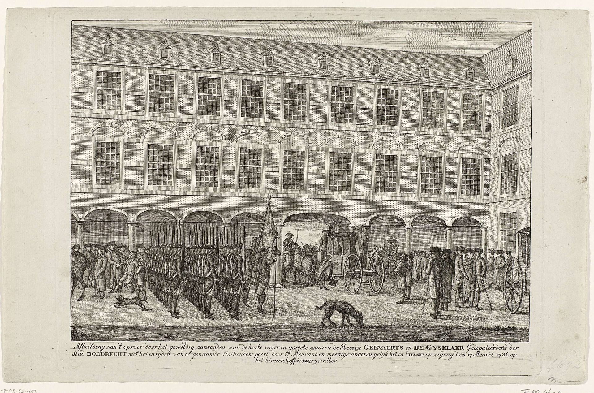 Aanslag op de Gedeputeerden van Dordrecht als zij door de Stadhouderspoort het Binnenhof op rijden, 1786 by Anonymous