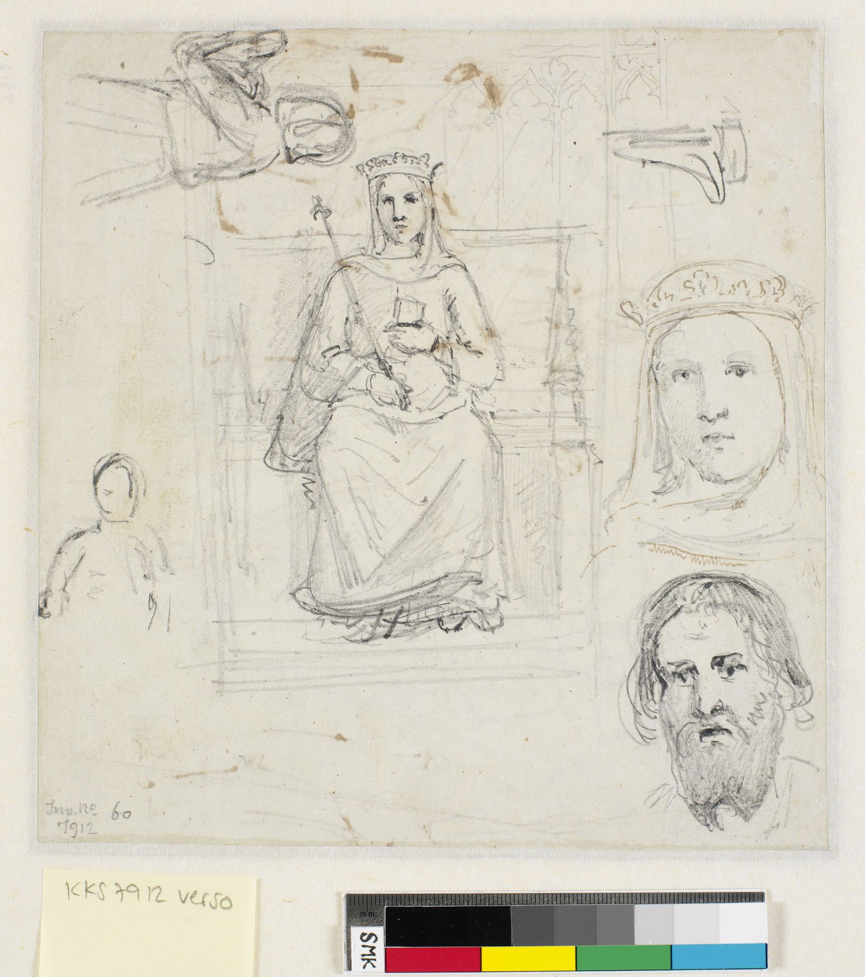 Forskellige firgurudkast og hoveder, bl.a. en dronning, siddende på en trone by Dankvart Dreyer