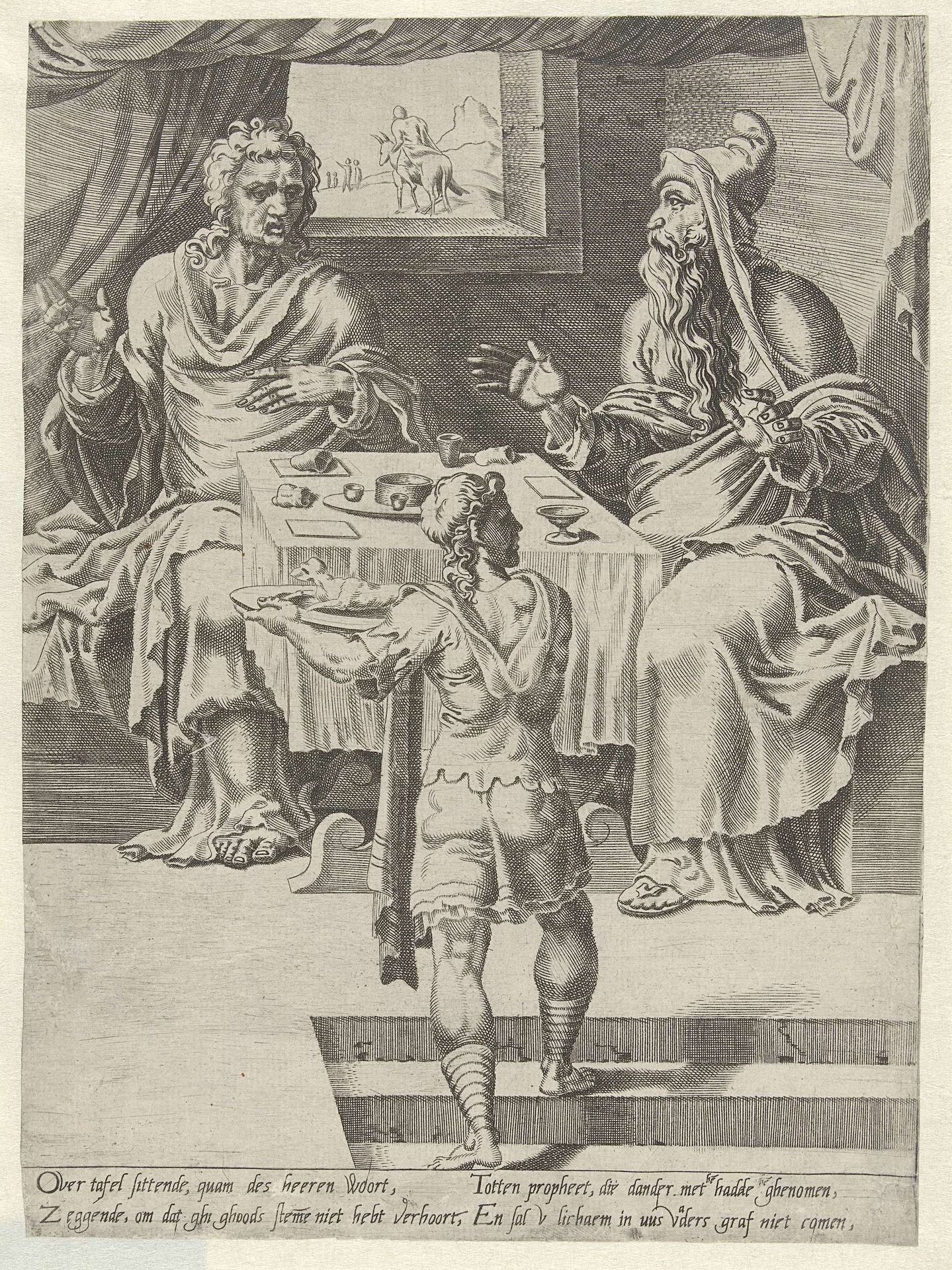 Maaltijd van de godsman en de oude profeet by Dirck Volckertsz Coornhert