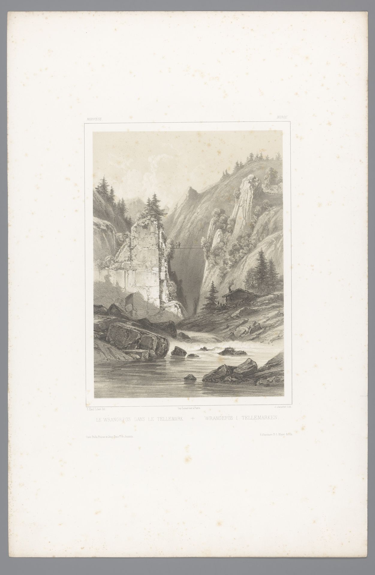Zicht op een brug over een rotskloof in Telemark by Louis-Julien Jacottet