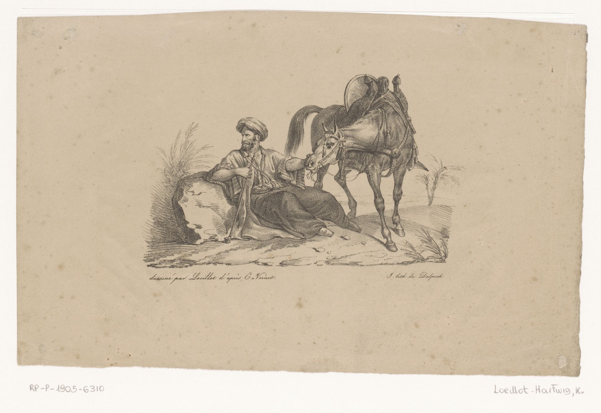 Zittende man in Ottomaanse kledij met paard by Karl Loeillot-Hartwig