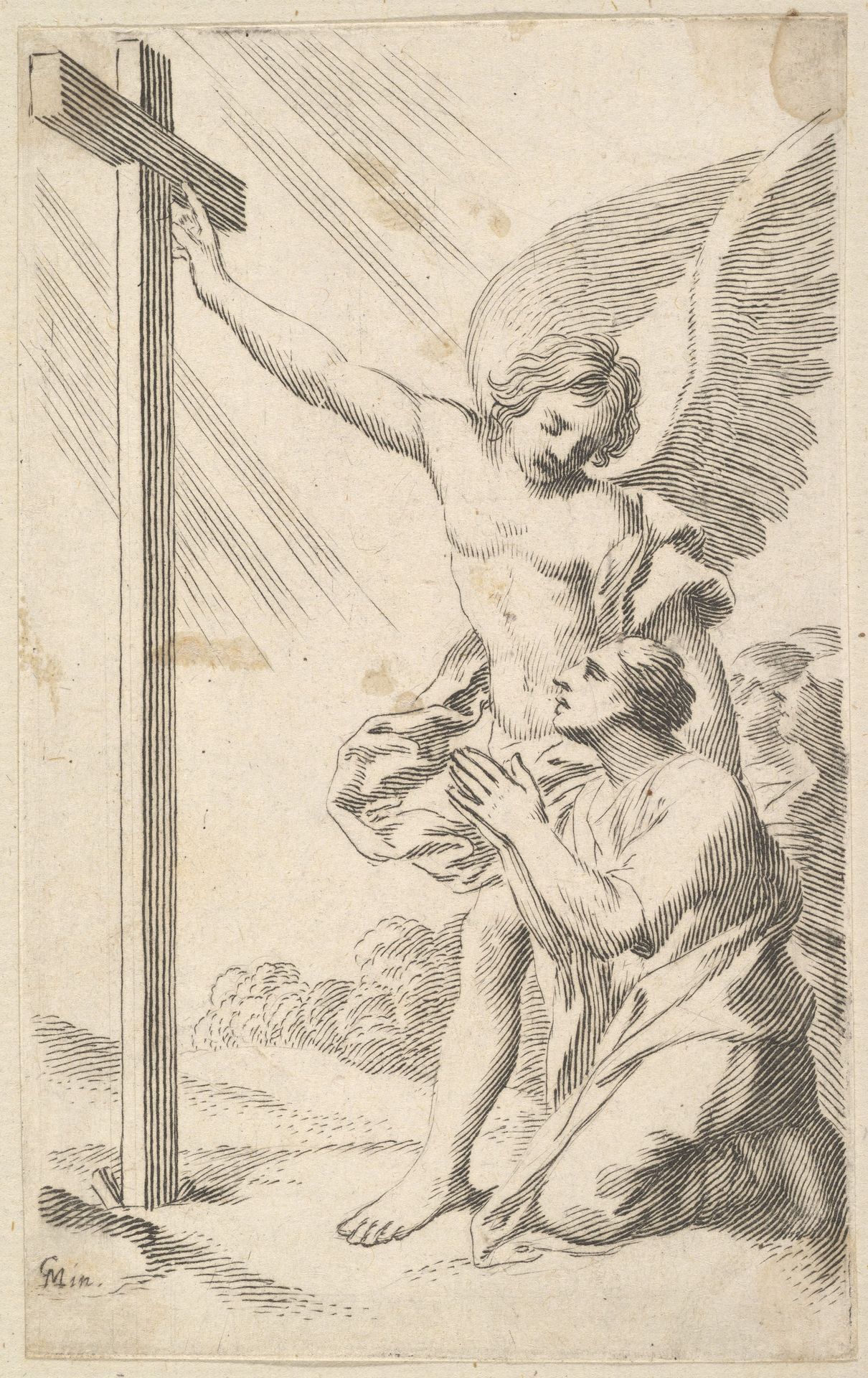 An Angel Indicates a Cross to a Man Kneeling by Claude Mellan