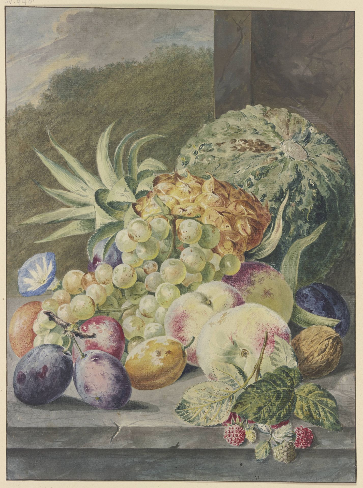 Fruchtstück, Melone, Ananas, Trauben, Pfirsiche, Pflaumen, Nüsse by Paul Theodor van Brussel