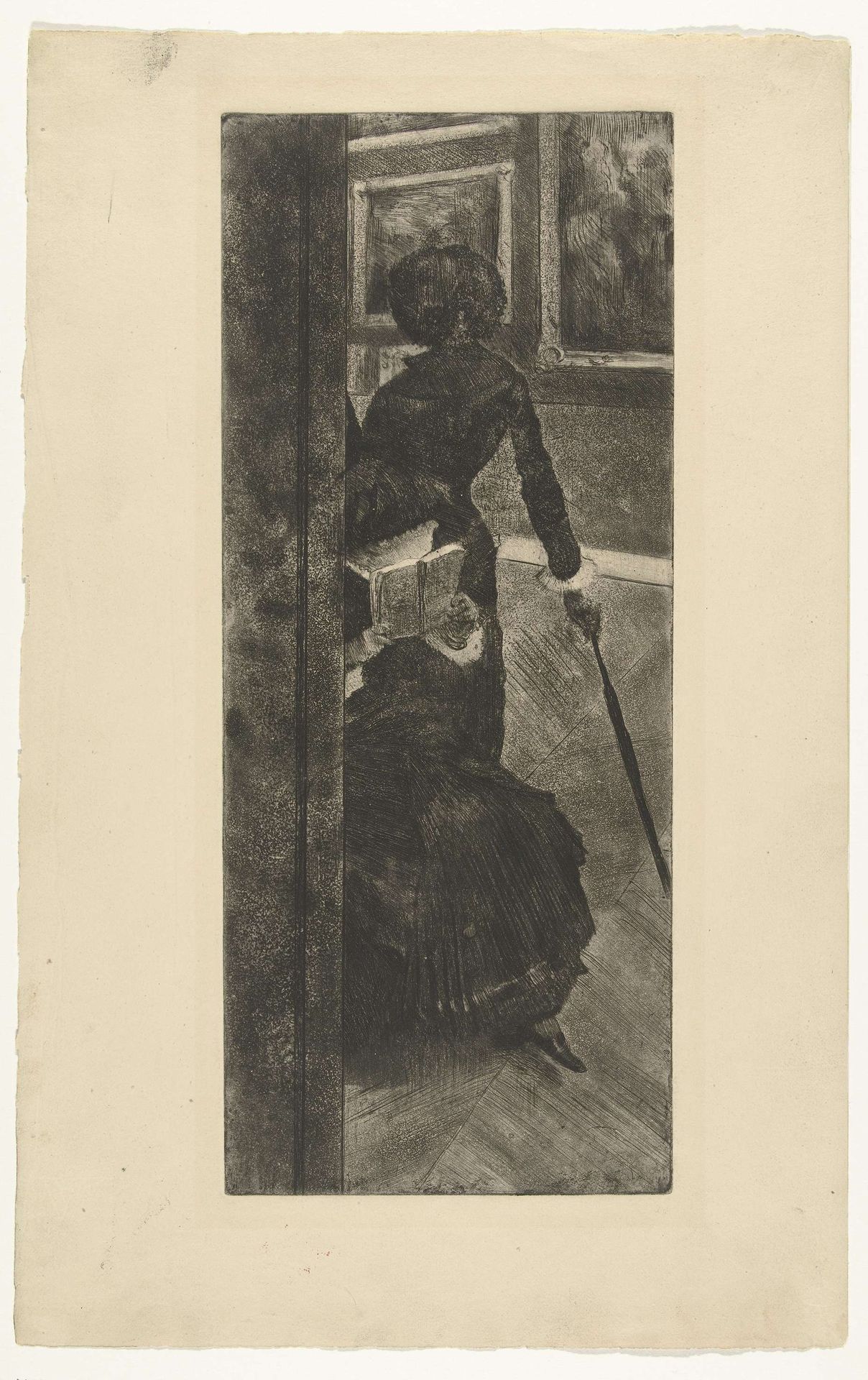 Mary Cassatt kijkt naar schilderijen in het Louvre by Edgar Degas