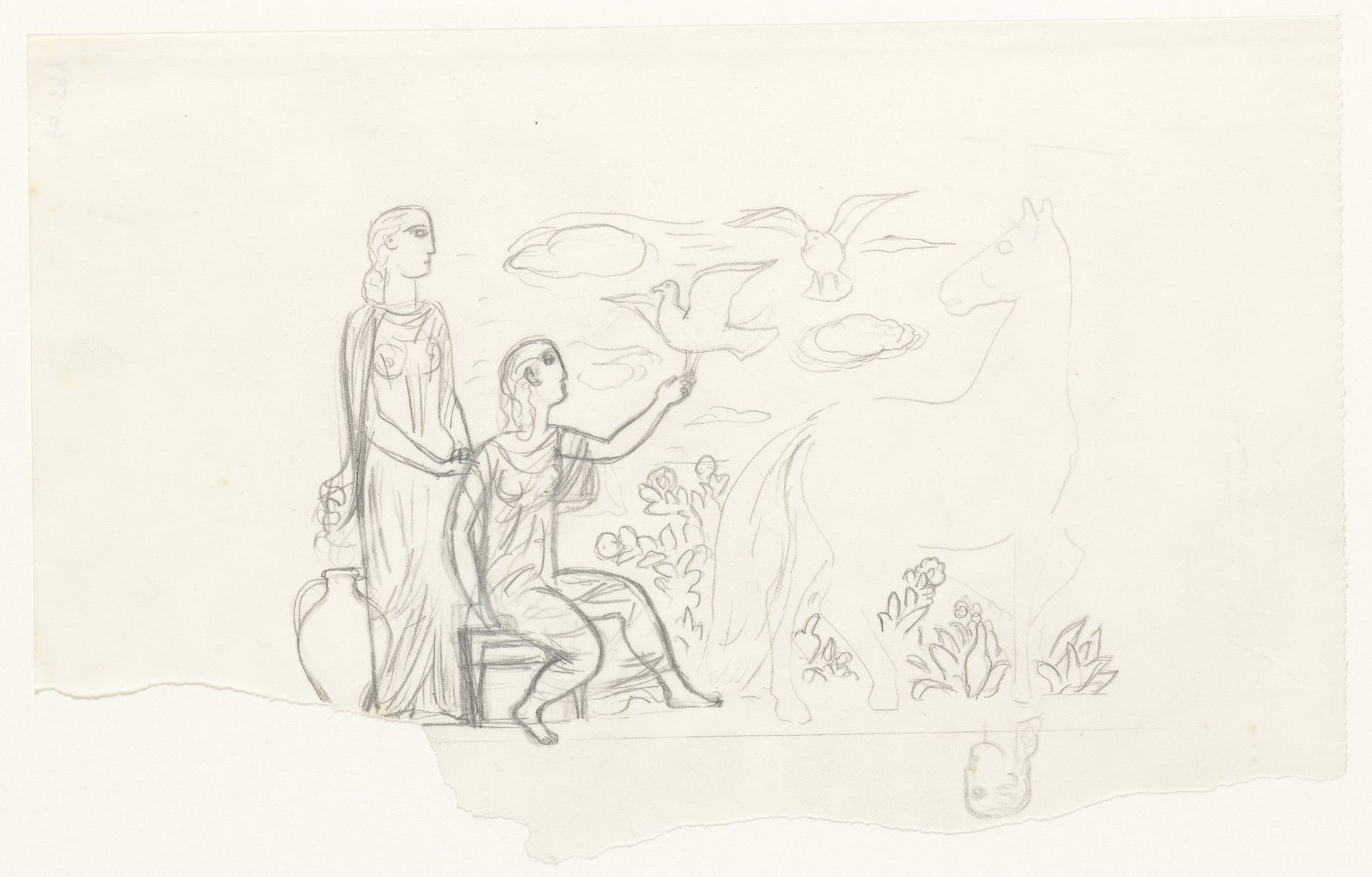 Twee vrouwen, vogels en een paard by Leo Gestel