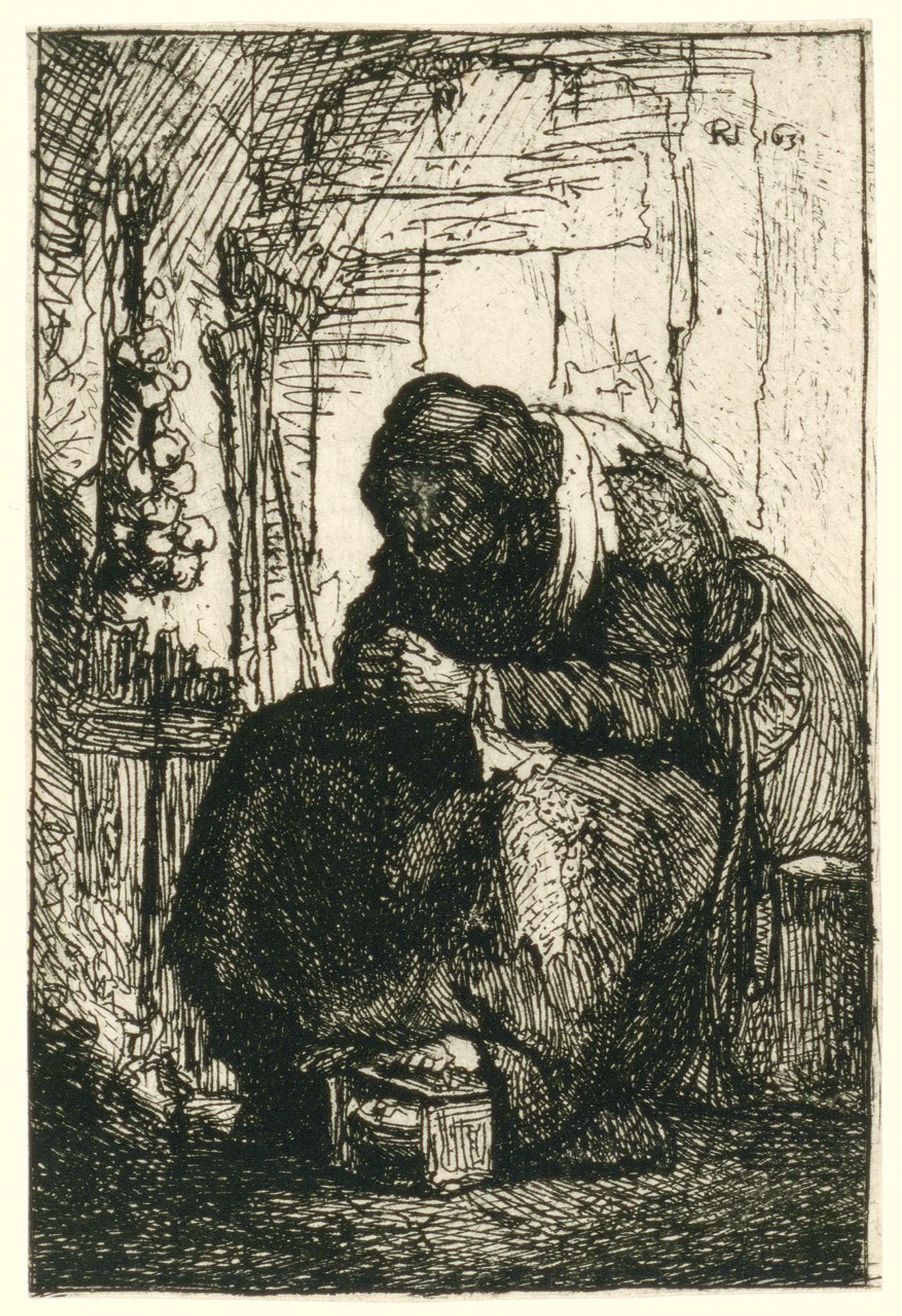 Old woman seated in a cottage with a string of onions on the wall by Rembrandt van Rijn