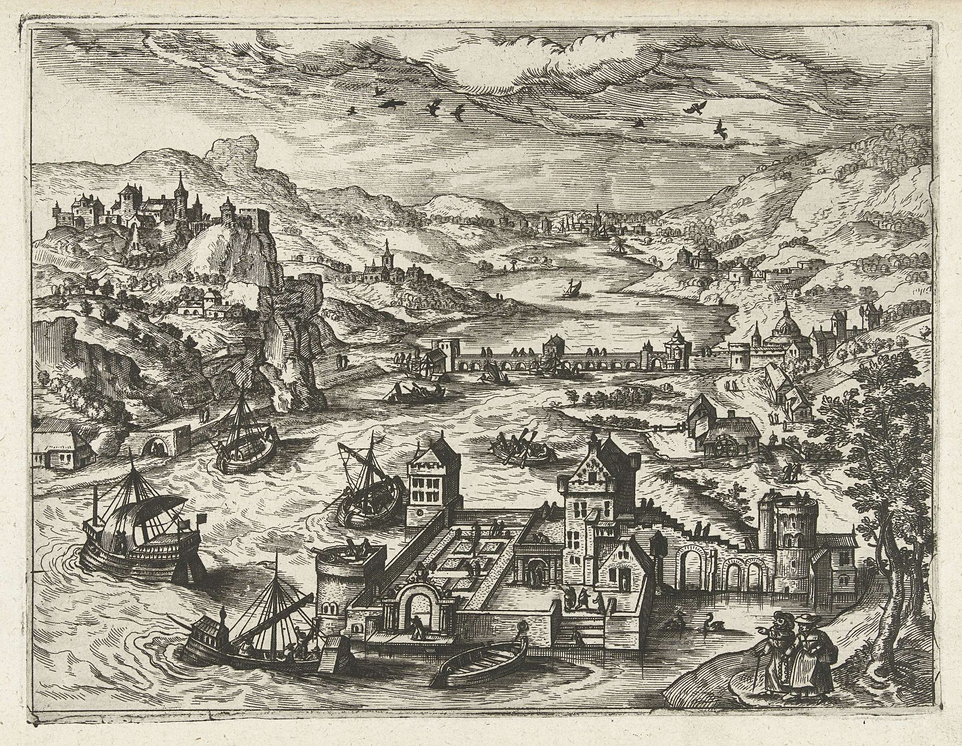 Rivierlandschap met waterburcht by Joannes van (I) Doetechum