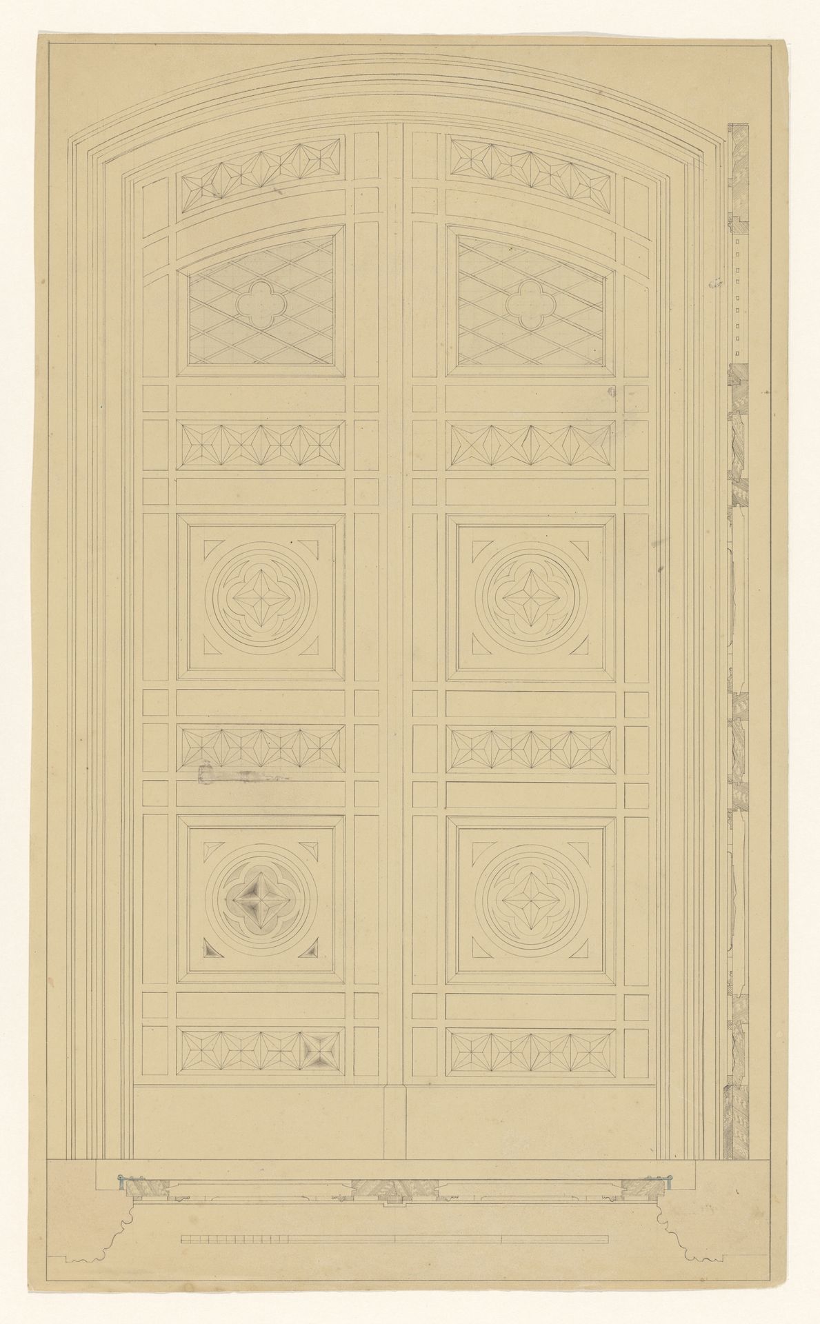 Ontwerp voor een dubbele deur, met zijaanzicht en plattegrond by B. Winghofer