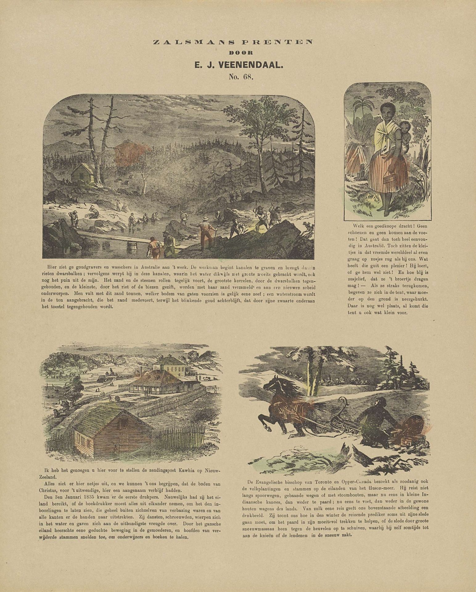 Goudzoekers in Australië, een Australisch meisje met haar broertje, een zendingspost op Nieuw-Zeeland en een bisschop op een slee by J. Johnston
