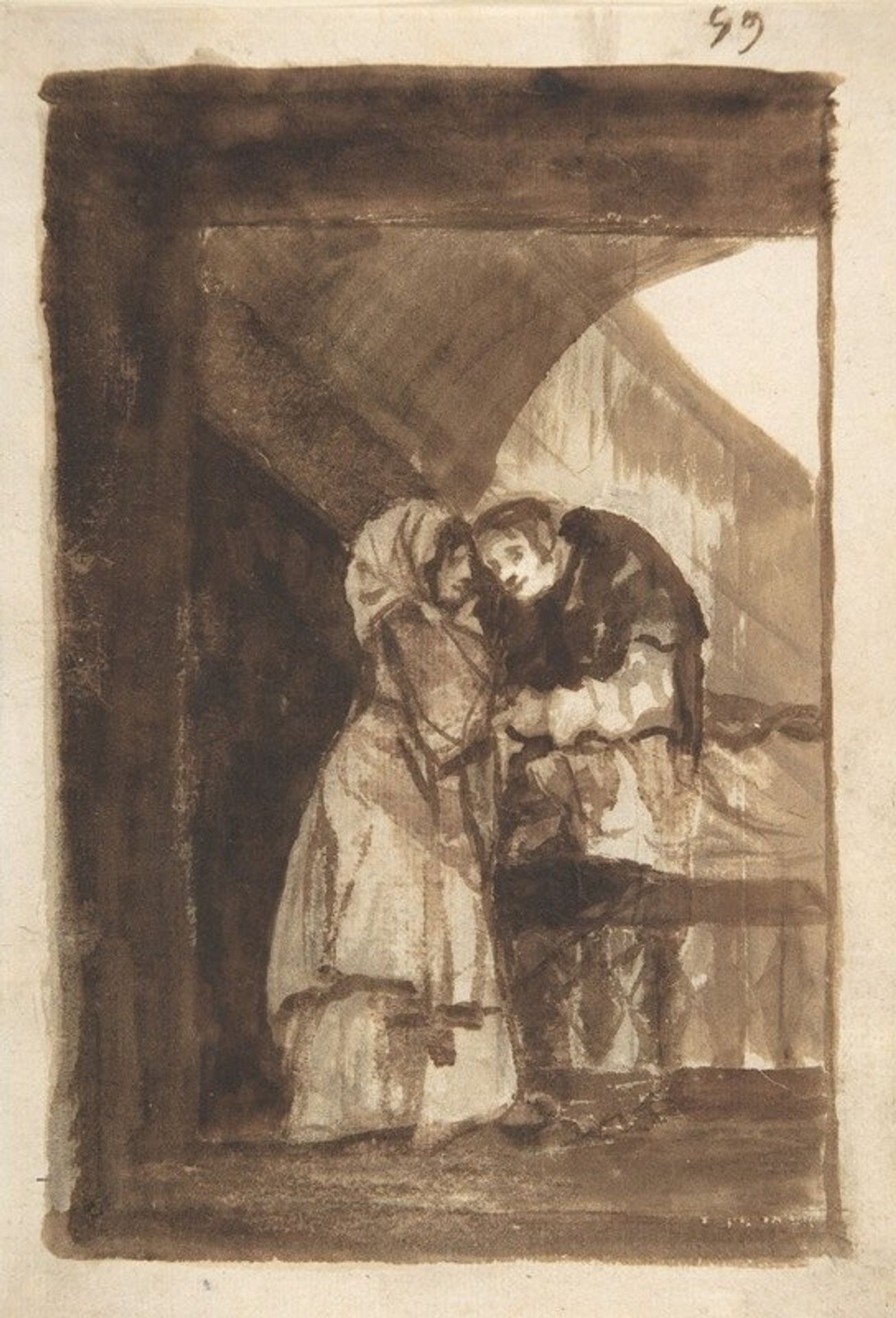 A woman talking to a priest in a covered archway by Francisco de Goya