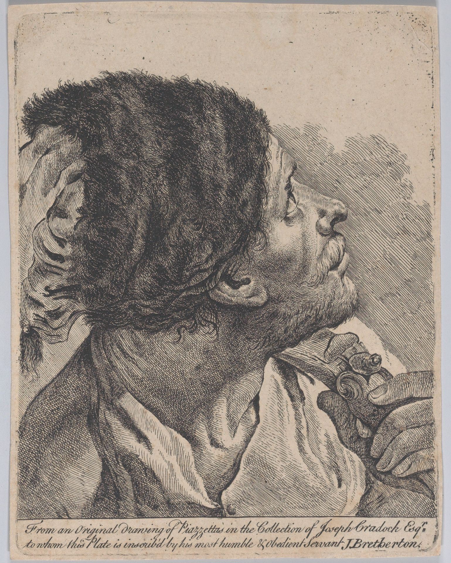 Man in a fur hat holding a musket, looking upwards; after Giovanni Battista Piazzetta by James Bretherton