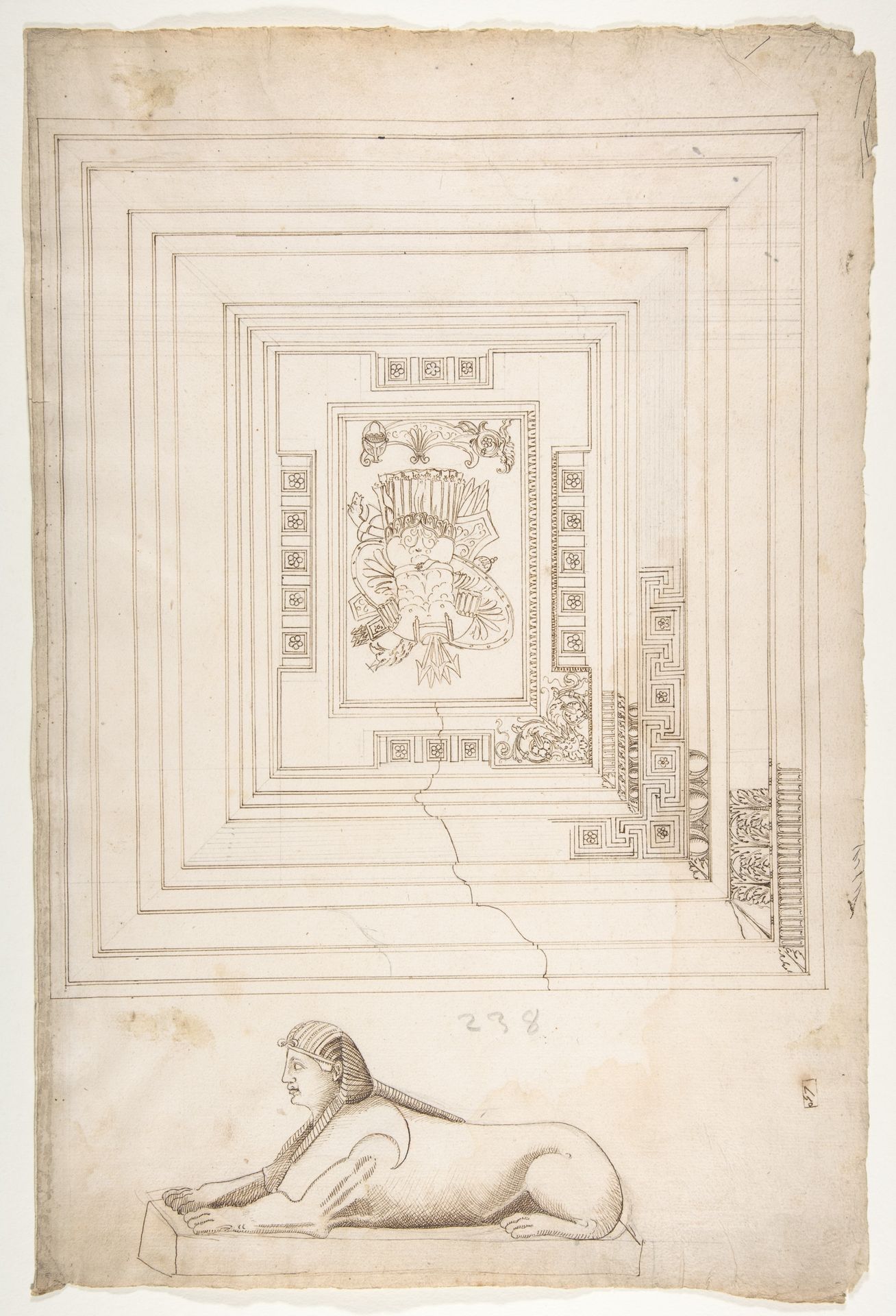 Palazzo dei Conservatori, coffered ceiling, ceiling plan and details; Sphinx, perspective view (recto) blank (verso) by Anonymous