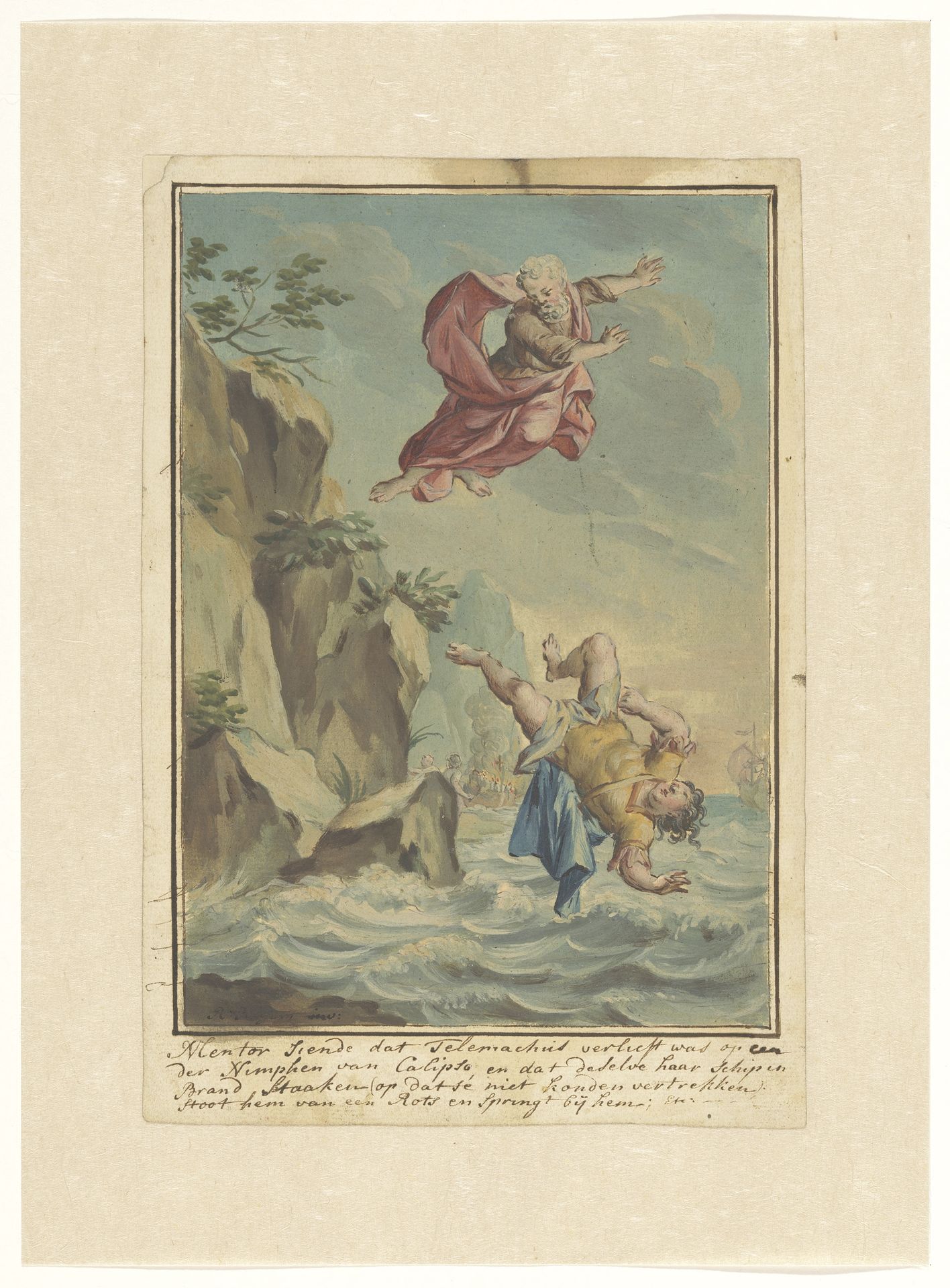 Mentor gooit Telemachus van een rots en springt hem achterna by Rienk Keyert