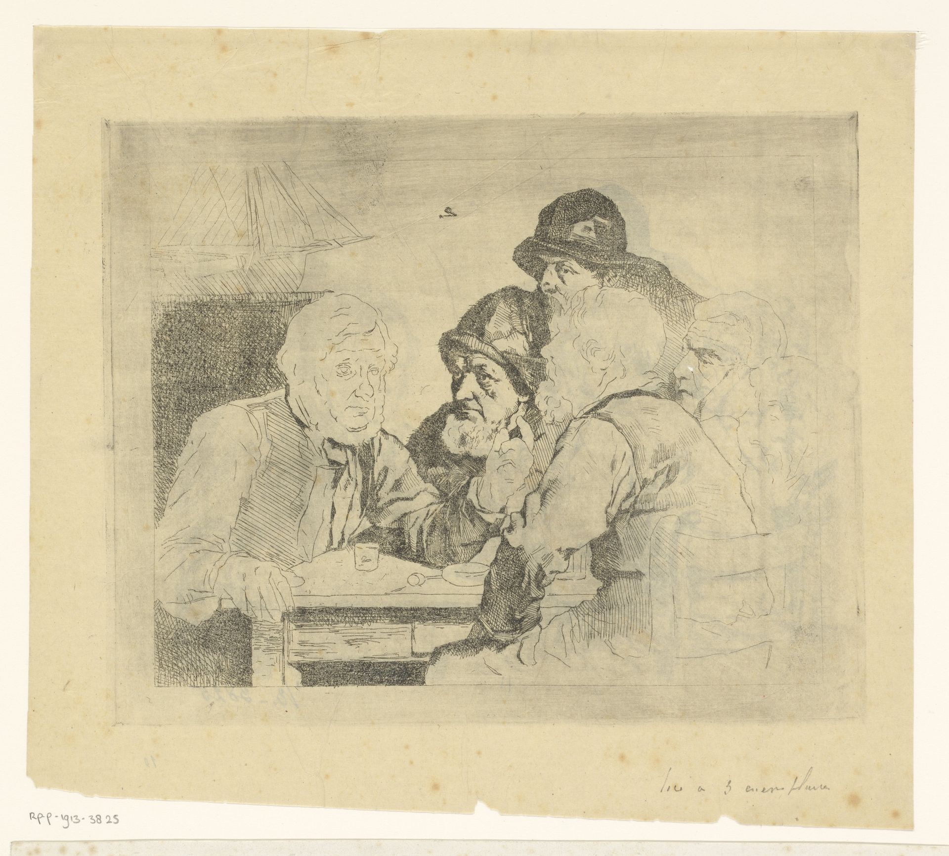 Zeelieden gezeten aan tafel luisterend naar een van hen by Piet Verhaert