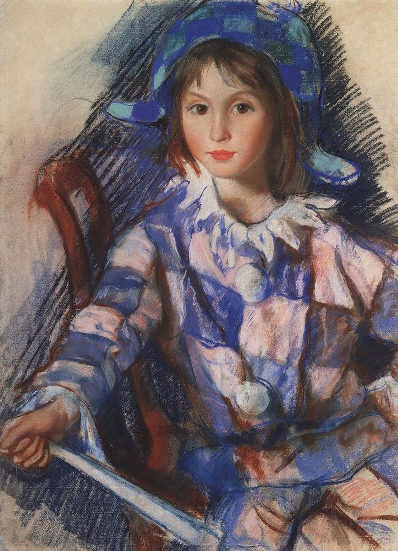 Tata portrait in the costume of Harlequin by Zinaida Serebriakova