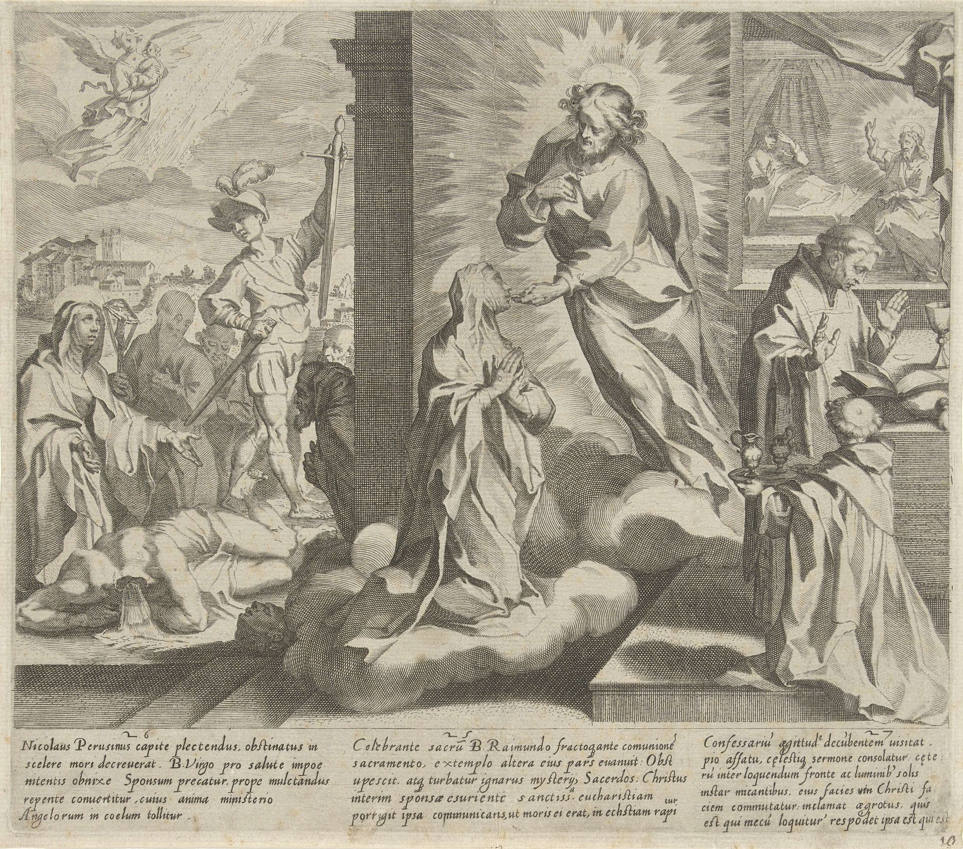 Catharina toont haar wonden / Catharina ontvangt de communie van Christus / Raimundus van Capua bezoekt Catharina thuis en treft Christus aan by Pieter de Jode I