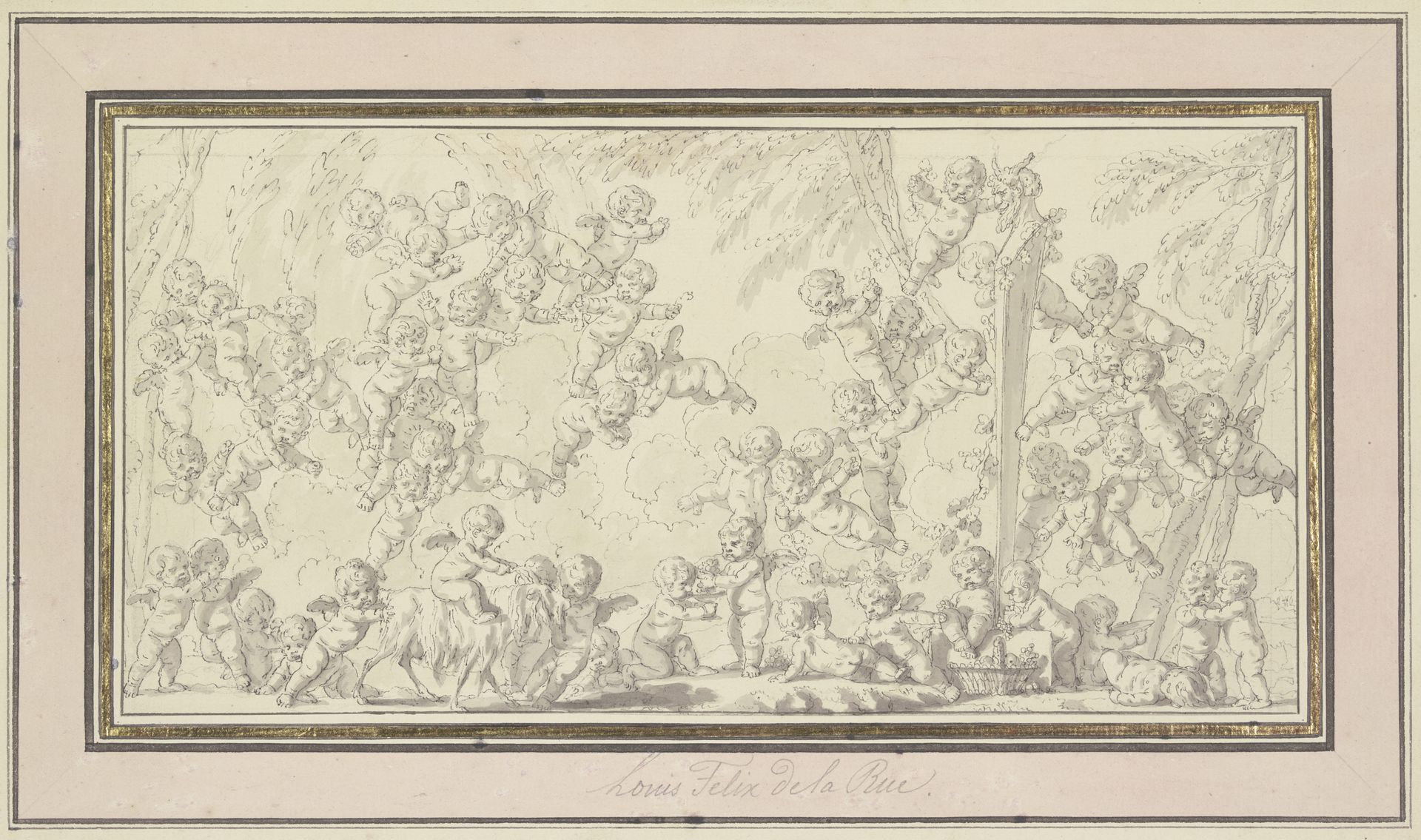 Dutzende Amoretten umwimmeln eine überlängte Panherme by Louis Félix de La Rue