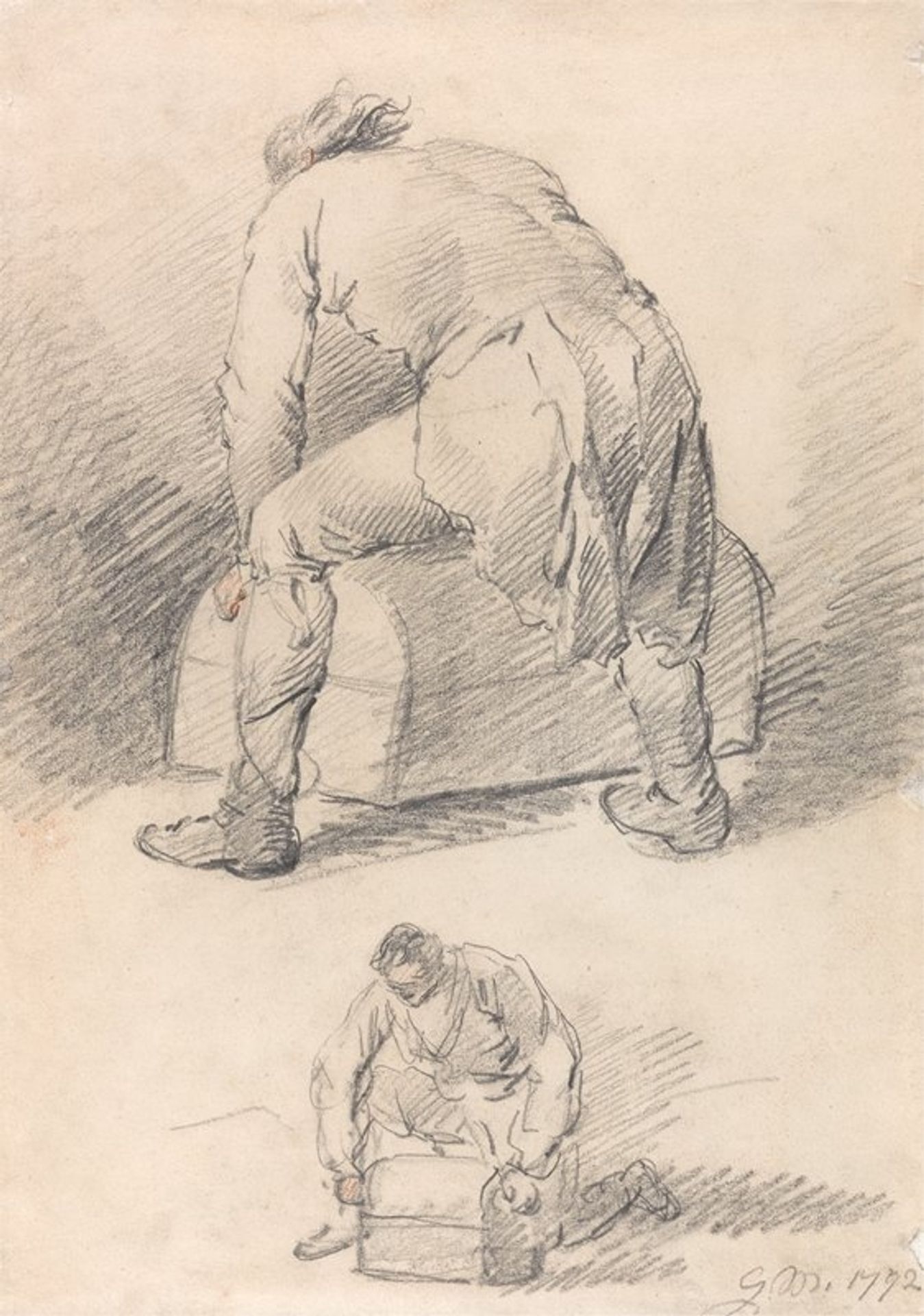 A Man Lifting a Trunk, Two studies on one sheet by George Morland