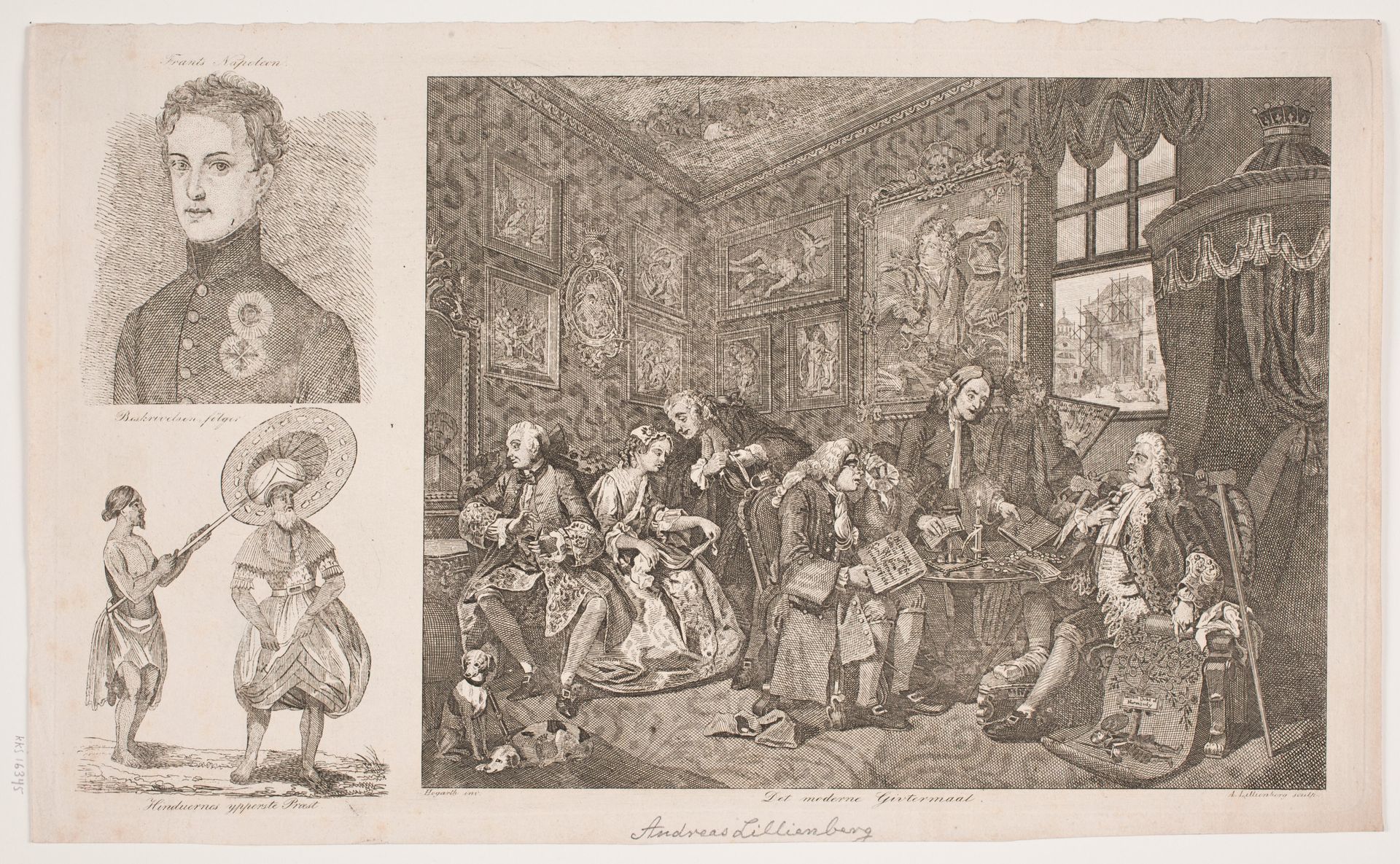 Blad med tre fremstillinger: "Det moderne Givtermaal" efter Hogarth, Portræt af Frants Napoleon og "Hinduernes ypperste præst" by Andreas Lillienberg