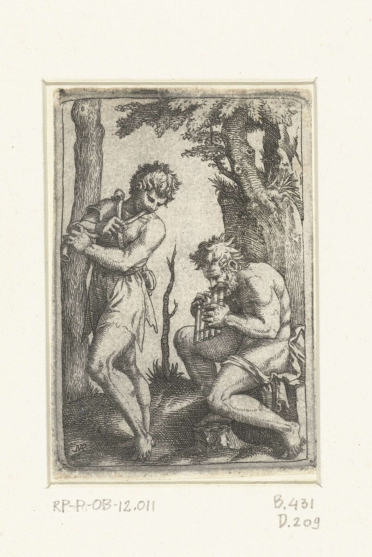 Jonge herder met schalmei en oude herder met panfluit by Marcantonio Raimondi