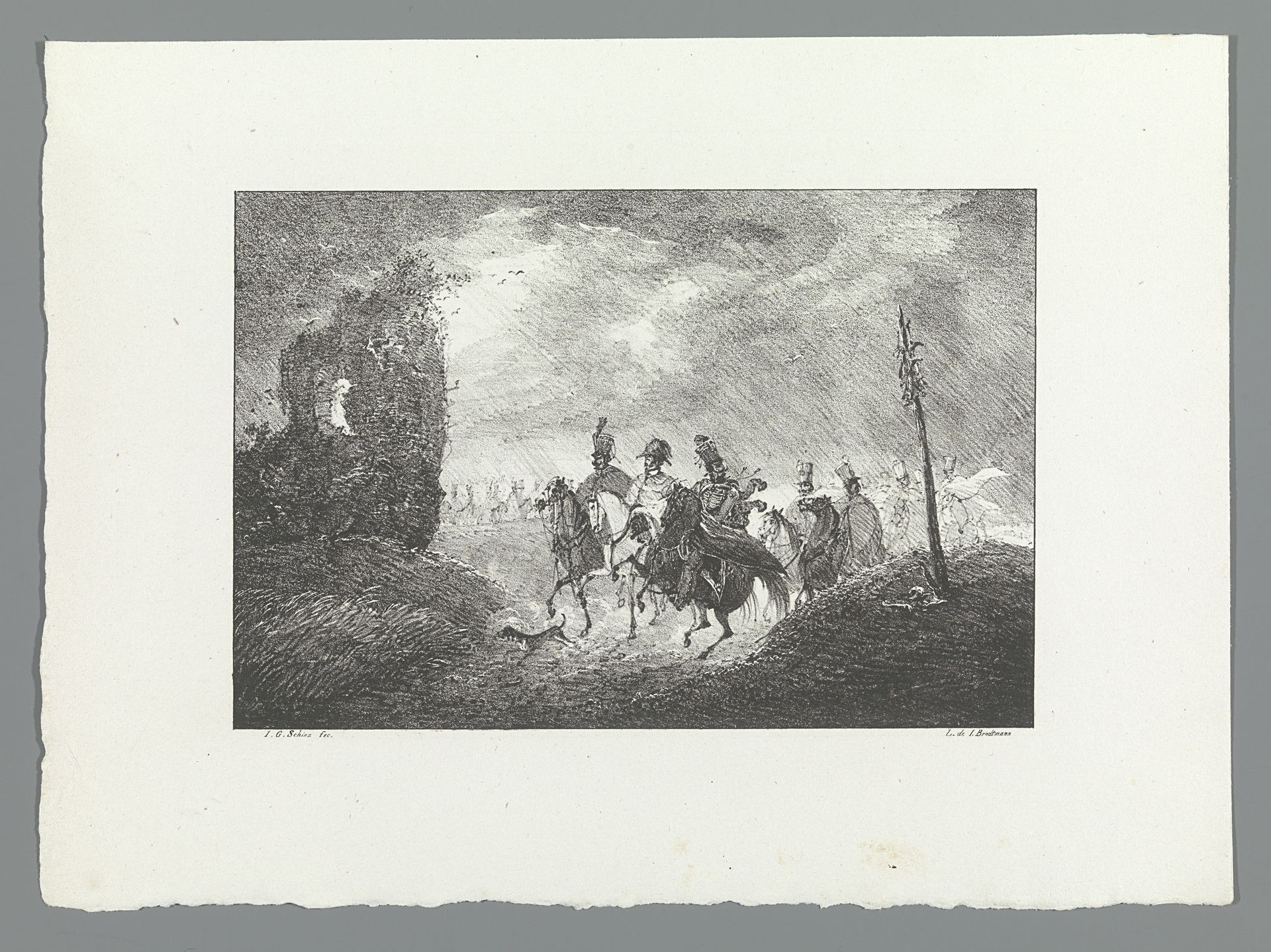 Militairen te paard in de regen by Johann Georg Schinz